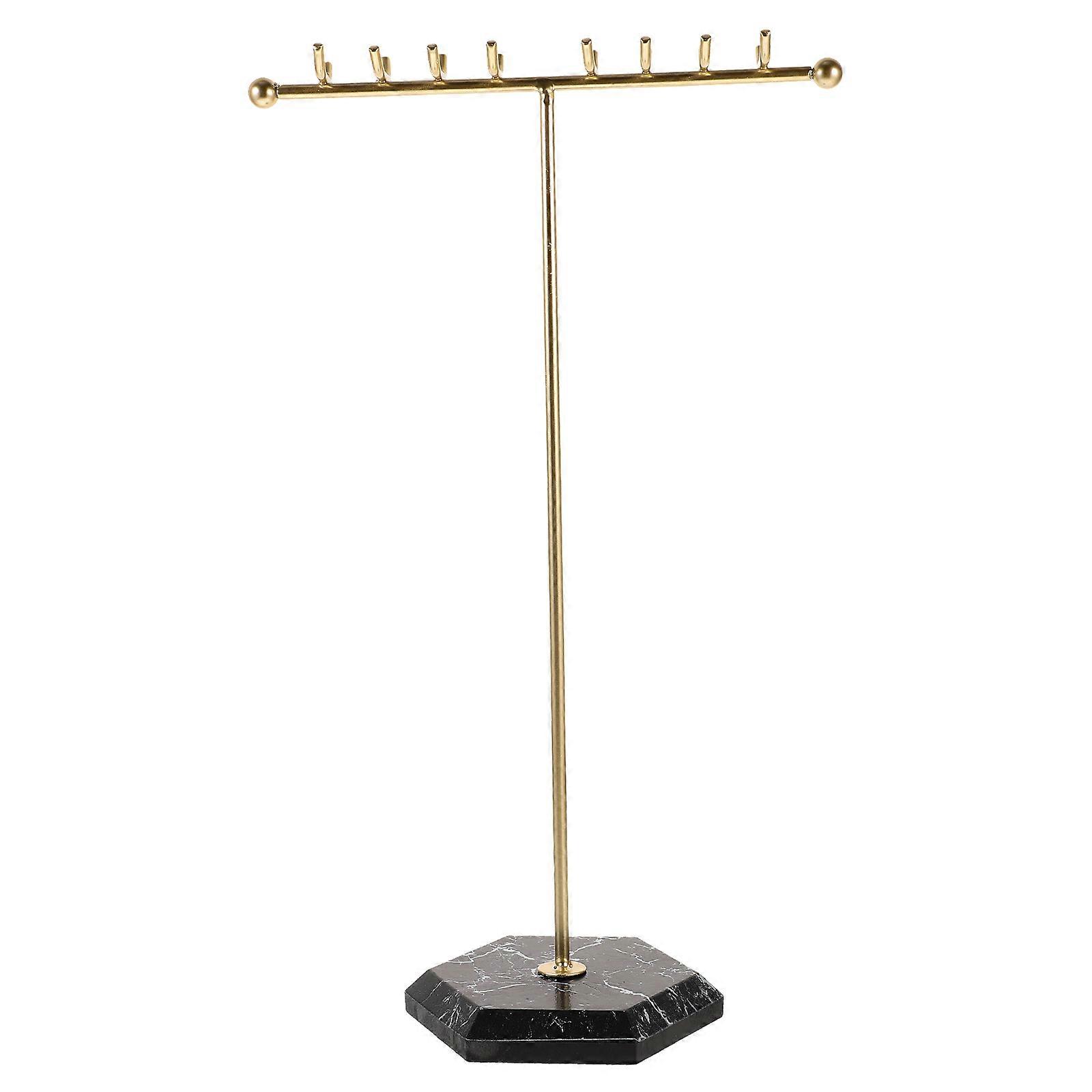 T Shaped Gold Jewelry Organizer Stand with Marble Base – Compact & Stable Storage Rack for Necklaces, Earrings, Bracelets, and Rings – Ideal for Home