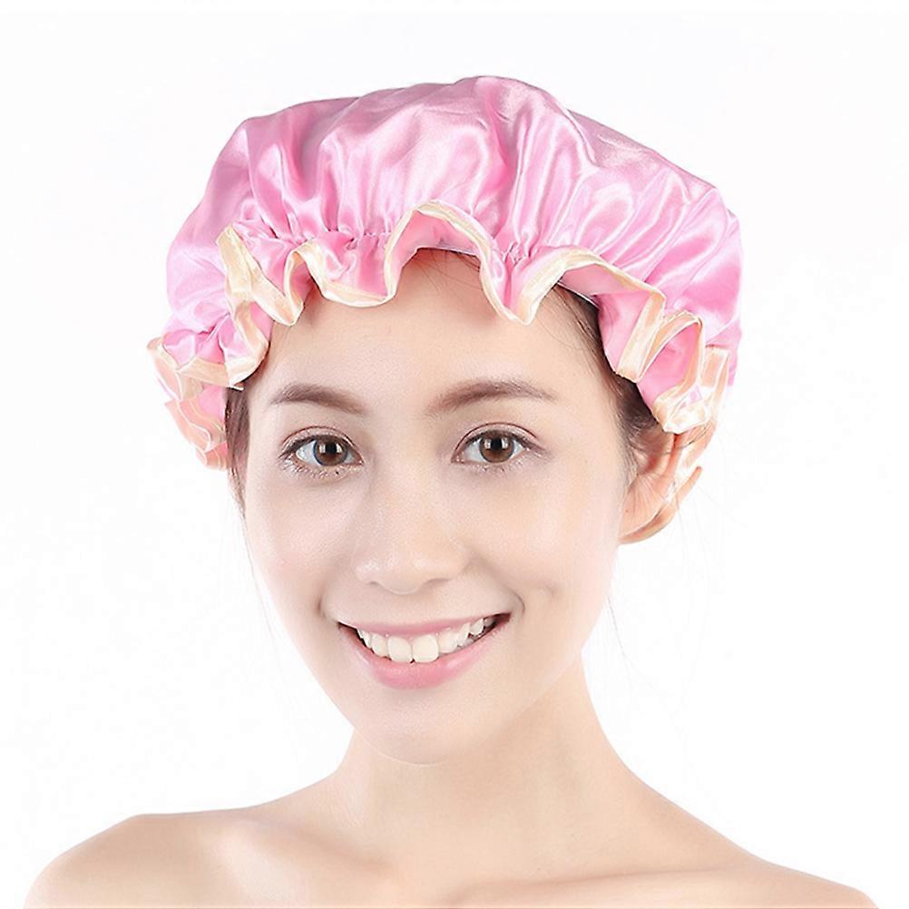 Shower Caps Women Reusable Solid Double-Deck Waterproof Peva Material Pink 1Pcs