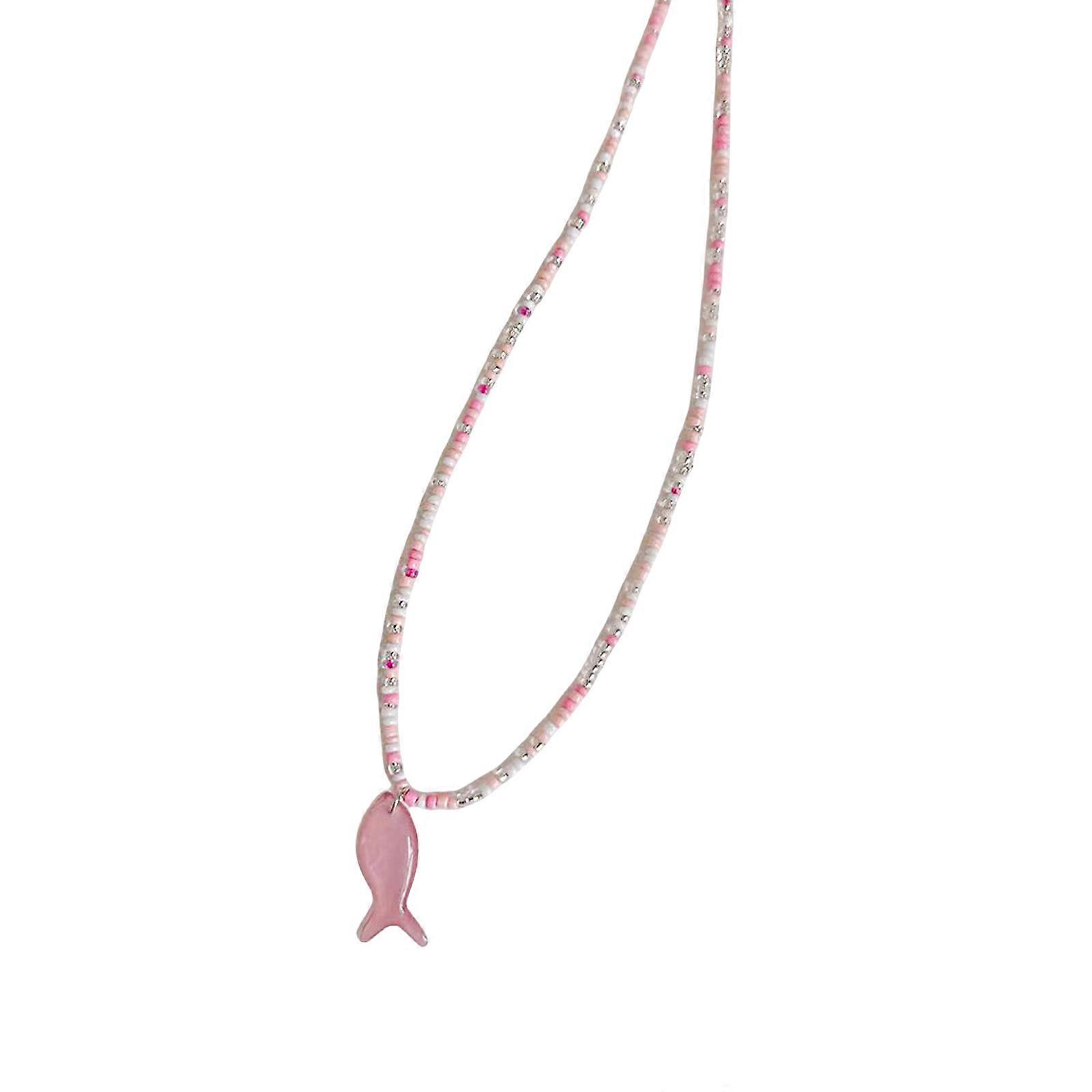 Retro Beaded Fish Pendant Necklace Colorful Beads Adjustable Clavicle Chain Handmade Neckchain For Daily Outfits  Pink