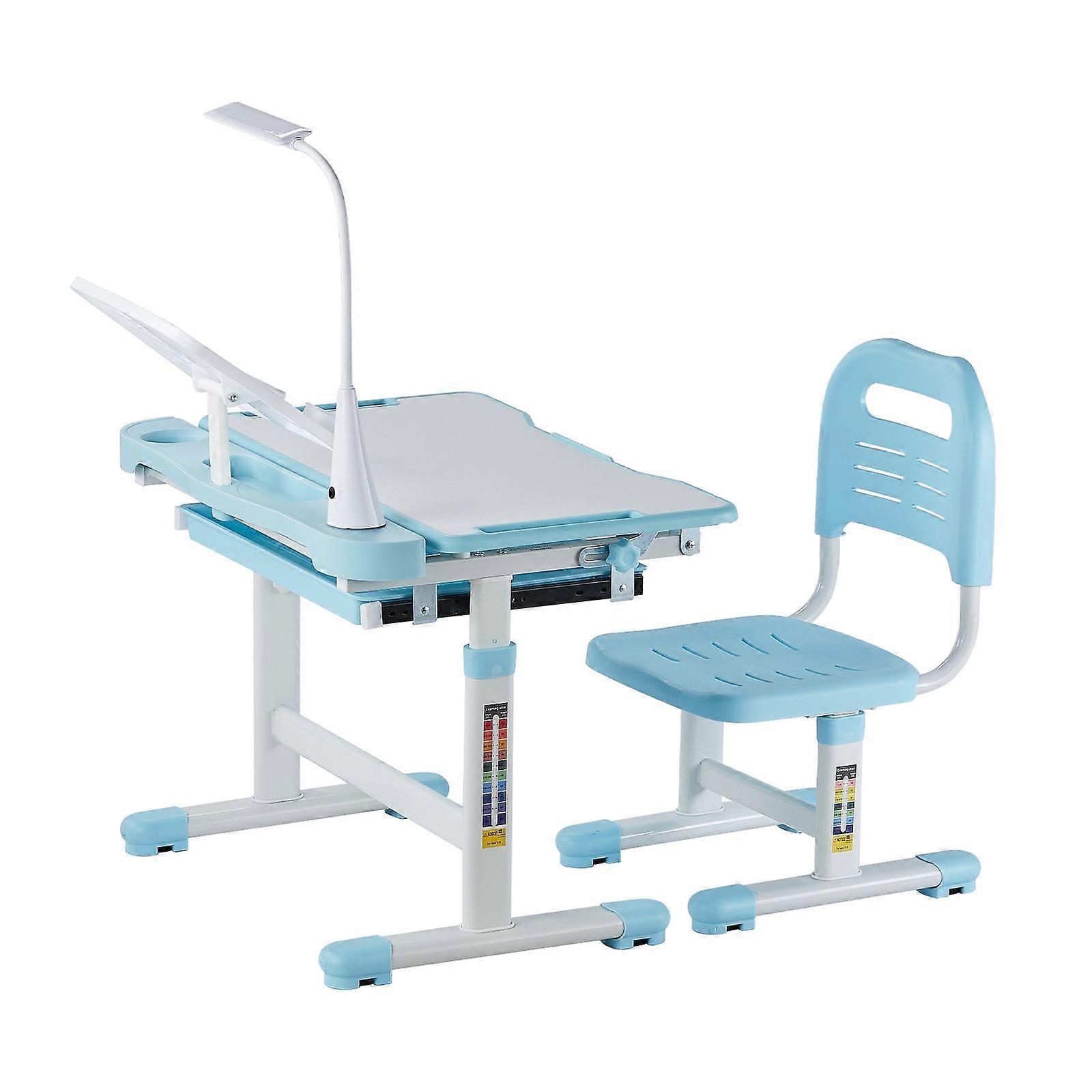 Conjunto de Cadeira de Estudo e Mesa para Crianças, Mesa de Estudo e Cadeira com Lâmpada de Mesa, Altura Ajustável & Mesa e Cadeira de Mesa Inclinada 0-40 para Crianças, Azul