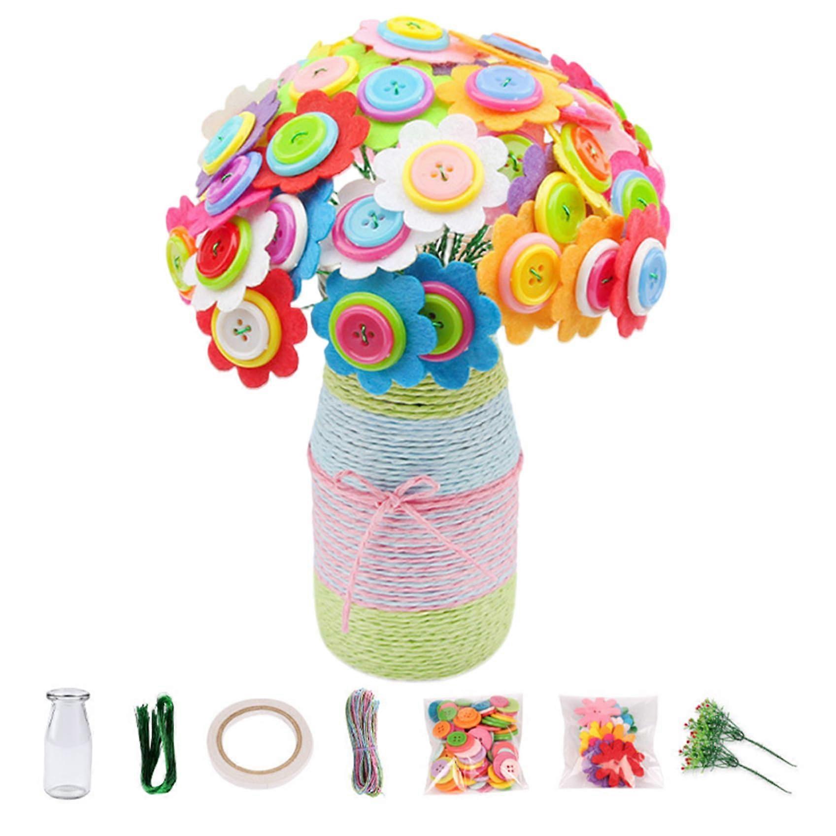 Flower Craft Kit for Children DIY Fun Flower Buttons Bouquet with Buttons and Leaves