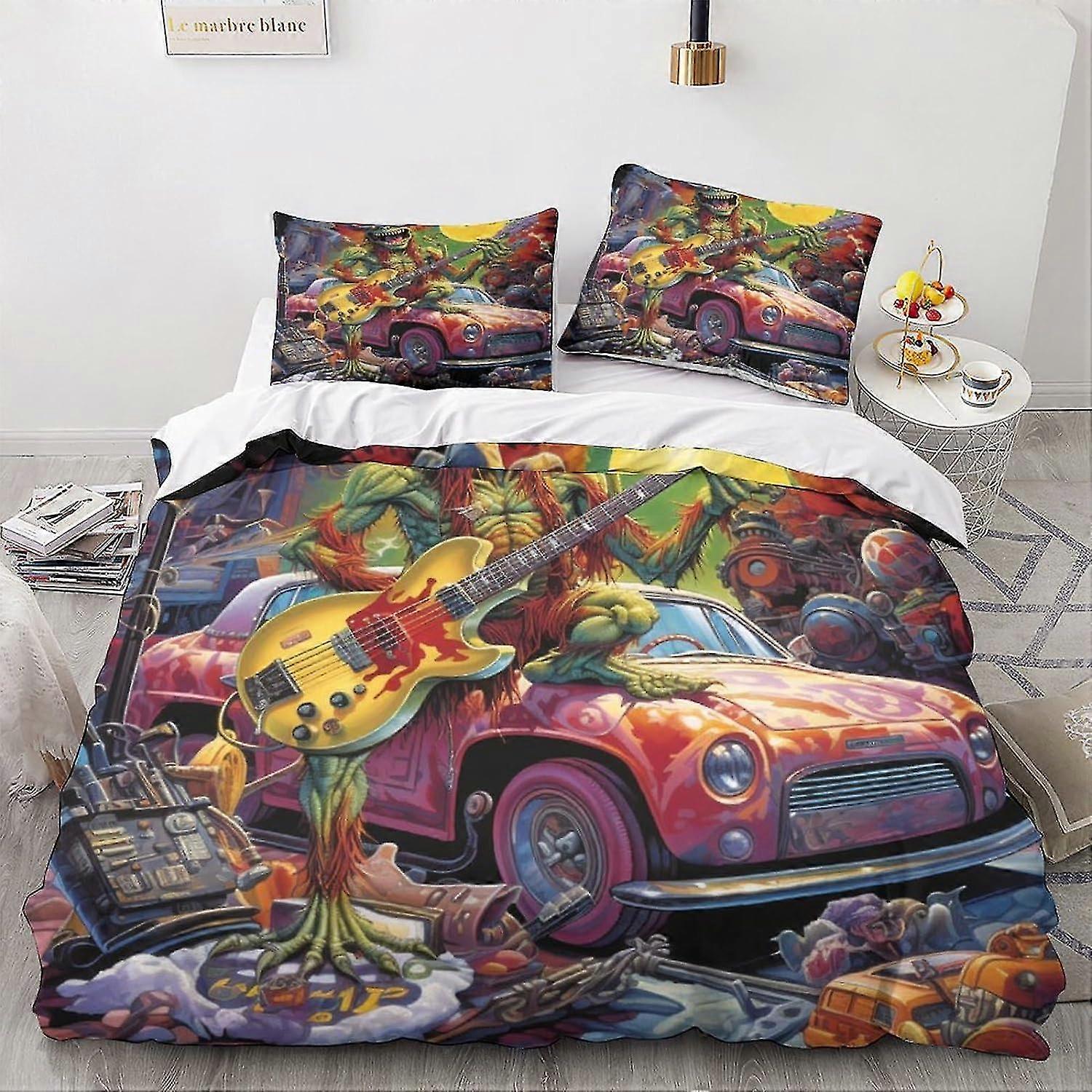 Monsters Duvet Cover with Pillowcases Vintage Car Pattern Cartoon Bedding Set with Zipper Closure Soft Microfiber Quilt Cover