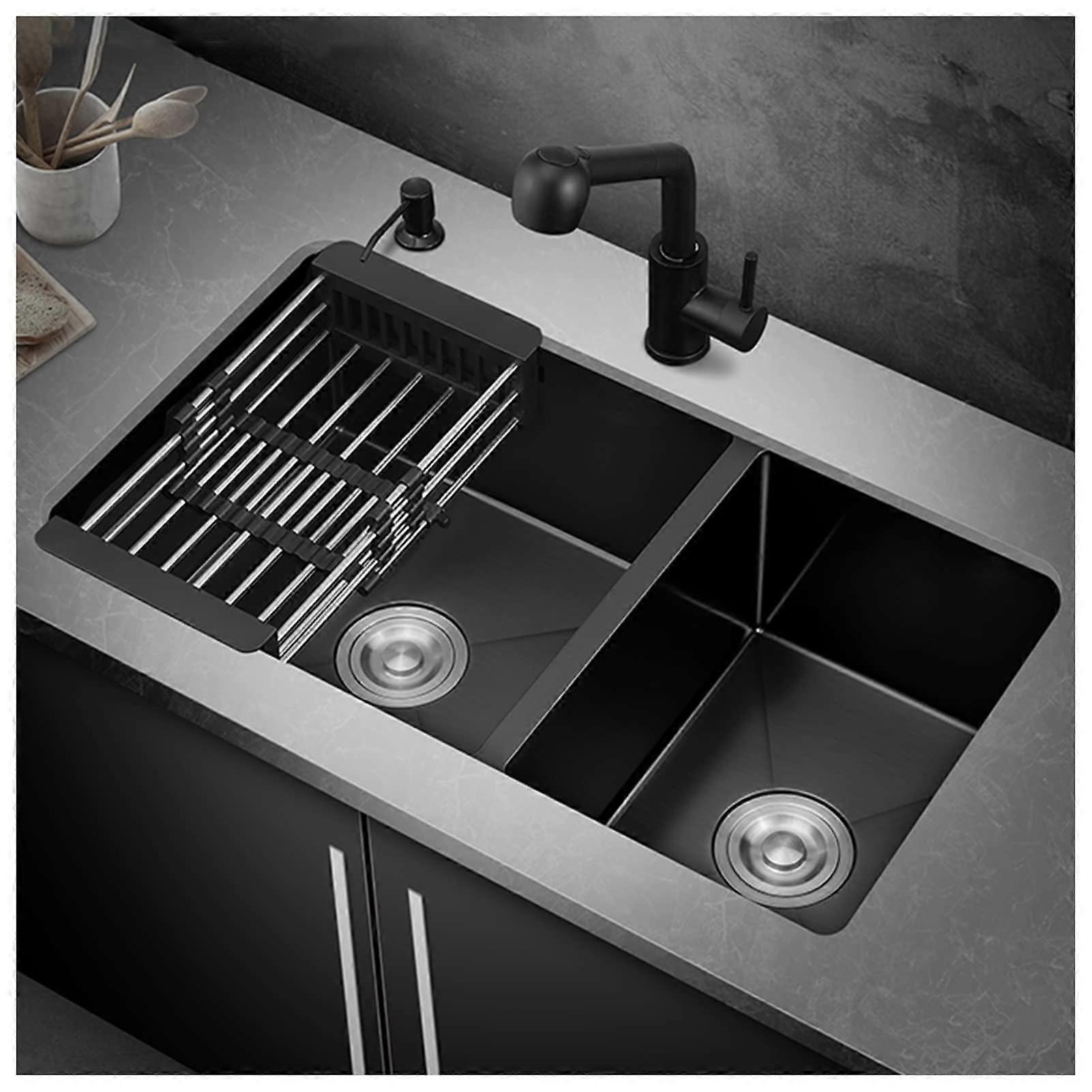 Black Double Basin Kitchen, 304 Stainless Steel, Wet Bar Sink with Tap and Drain