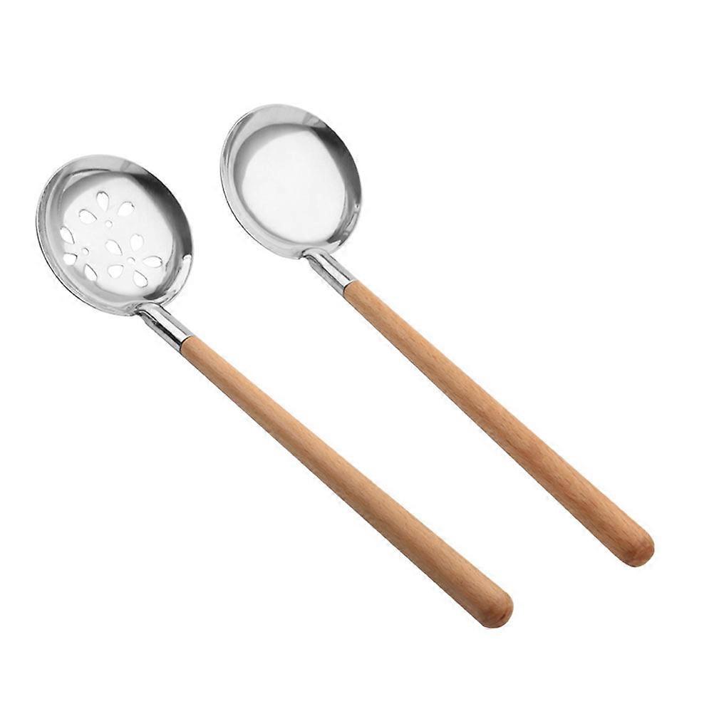 Stainless Steel Straining Ladle with Wooden Handle for Home Use Soup Spoon Kitchen Tool Silver