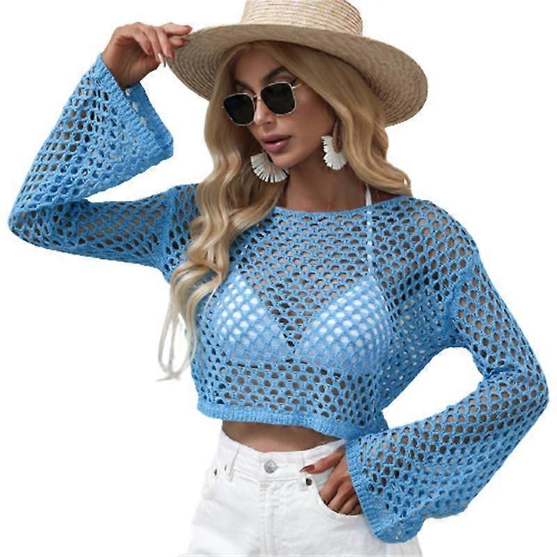Blue Sweater Loose Knit Sweater Beach Cover Up Knitted Long Sleeves Unisex Mesh Top