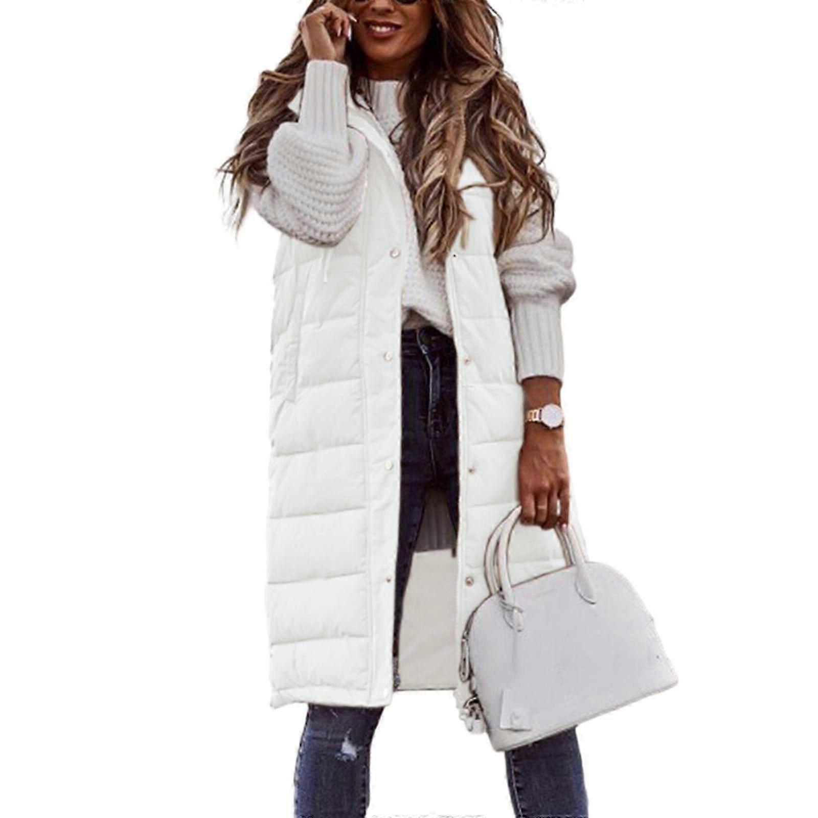 Colete Puffer Longo Oversized para Mulheres com Capuz, Jaqueta Acolchoada Sem Mangas para o Inverno, Casaco Quente com Zíper para Atividades ao Ar Livre - Branco XXL