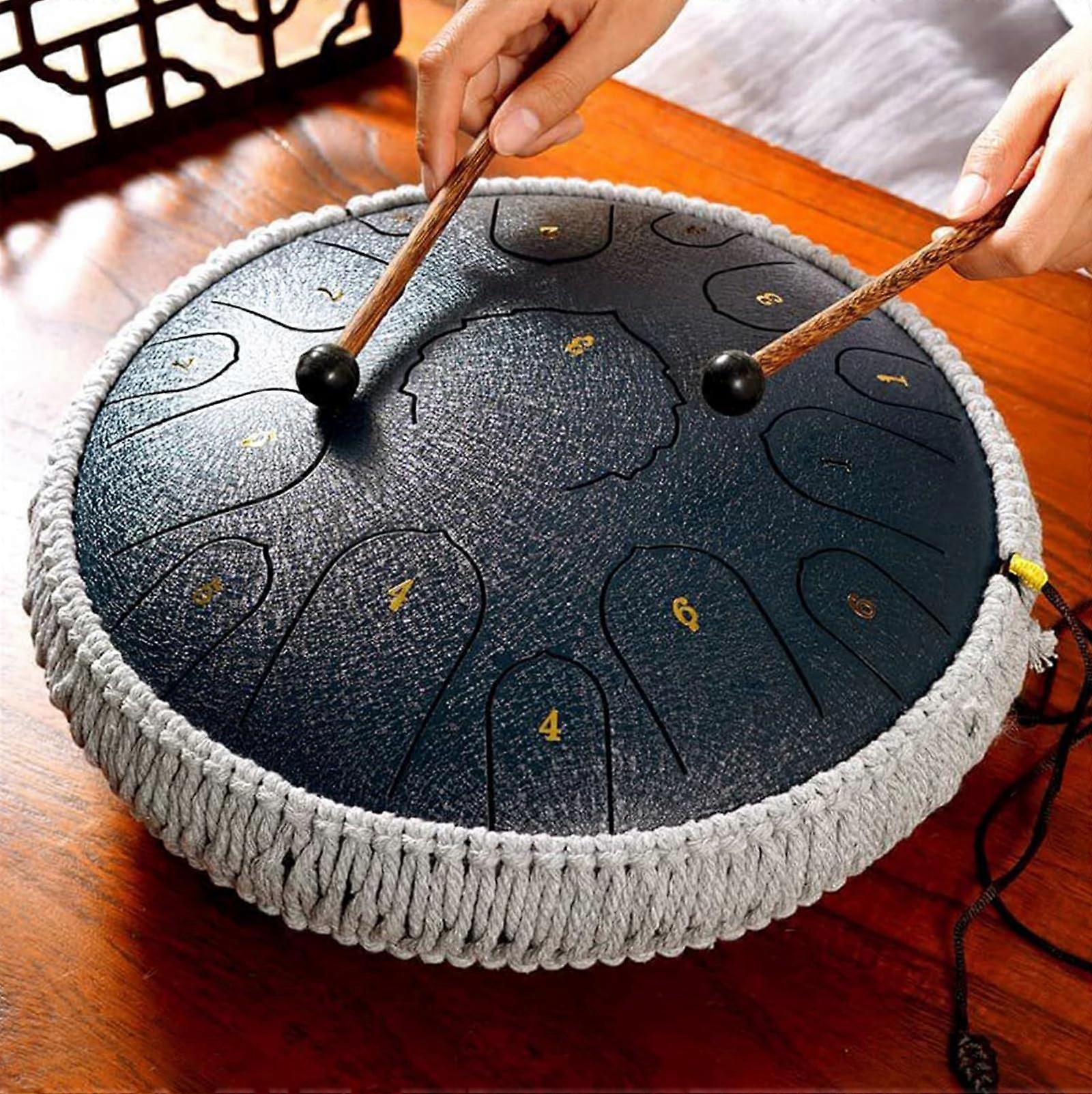 13 Inch 15 Note Tongue Drum, D Key Rustproof Hand Drum Percussion with Drumsticks Black