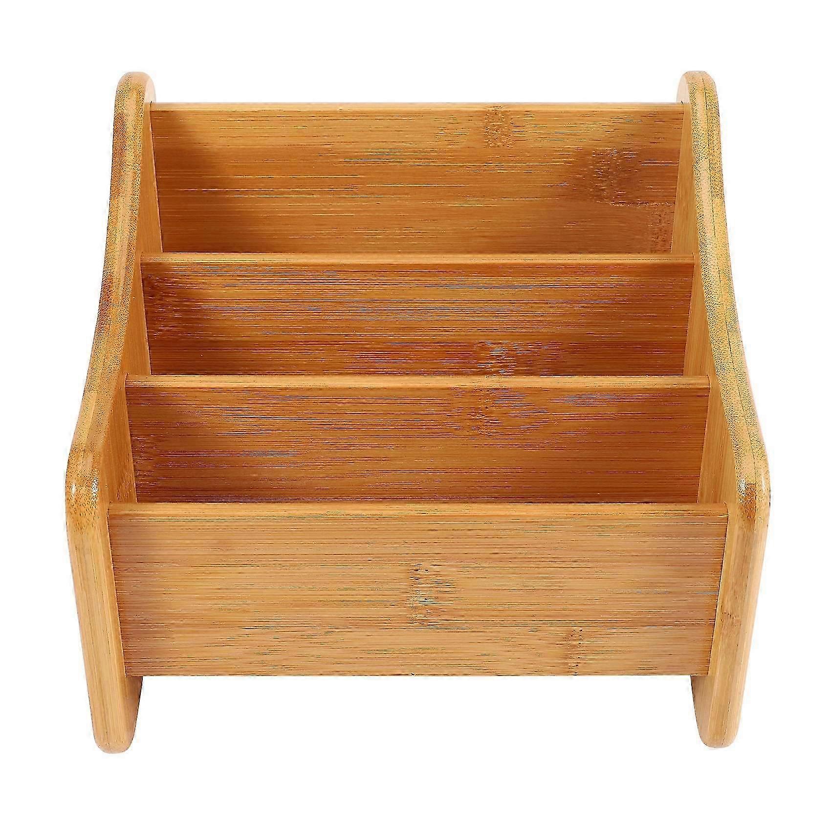 Wood Desk Organizer Bamboo Remote Control Holder Storage Container with 3 Compartments for Pens