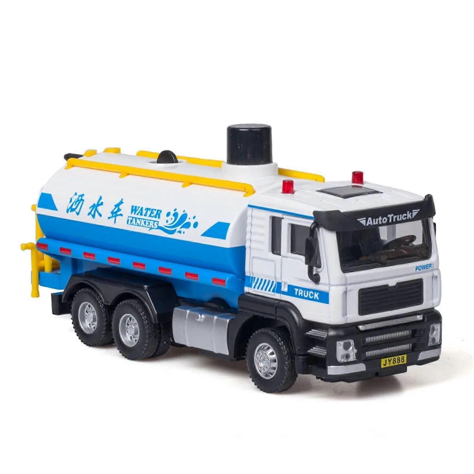 1:50 Scale Metal Sanitary Garbage Sprinkler Truck Model, Pull Back, Light & Sound Features, Miniature Vehicle in Blue
