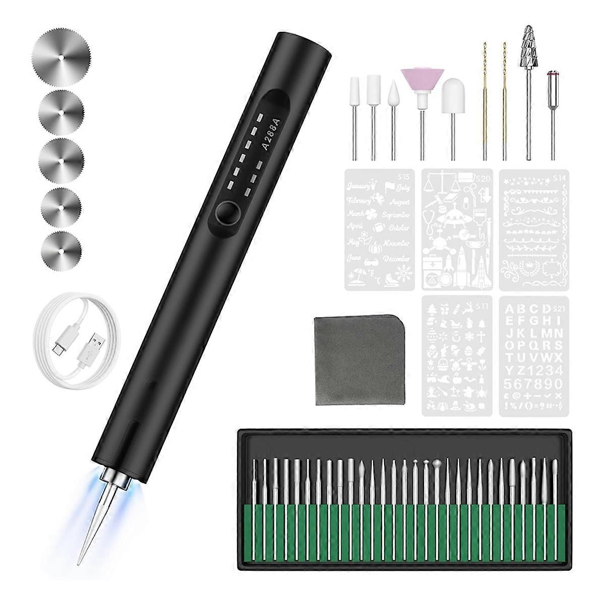 Electric Engraving Pen with Light, Mini DIY Electric -Machines USB Rechargeable Cordless Rotary Tool Black