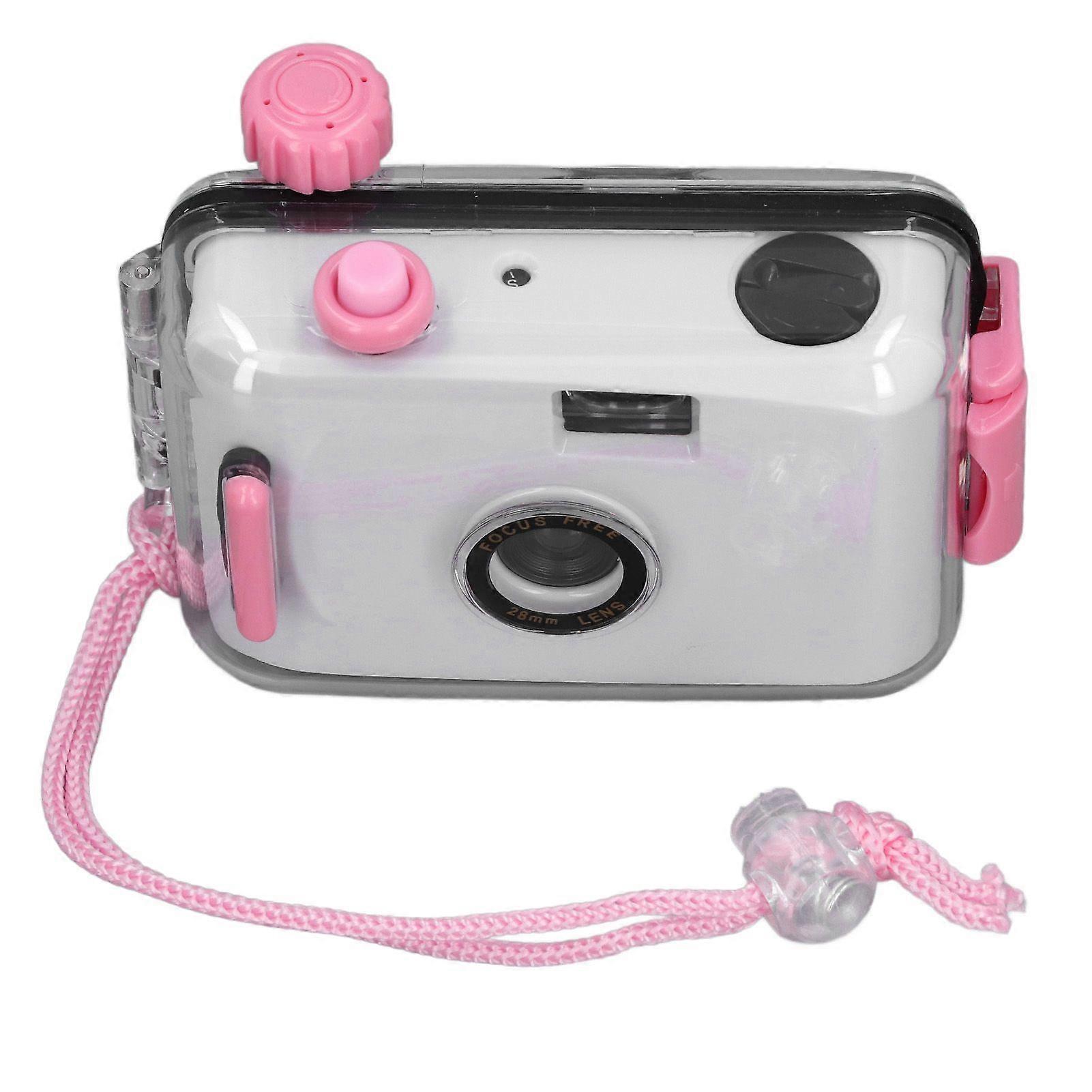 35mm Reusable Film Camera with Waterproof Case for Snorkeling with Shutter Speed 1/100s F/9 28MM Lens White and Pink