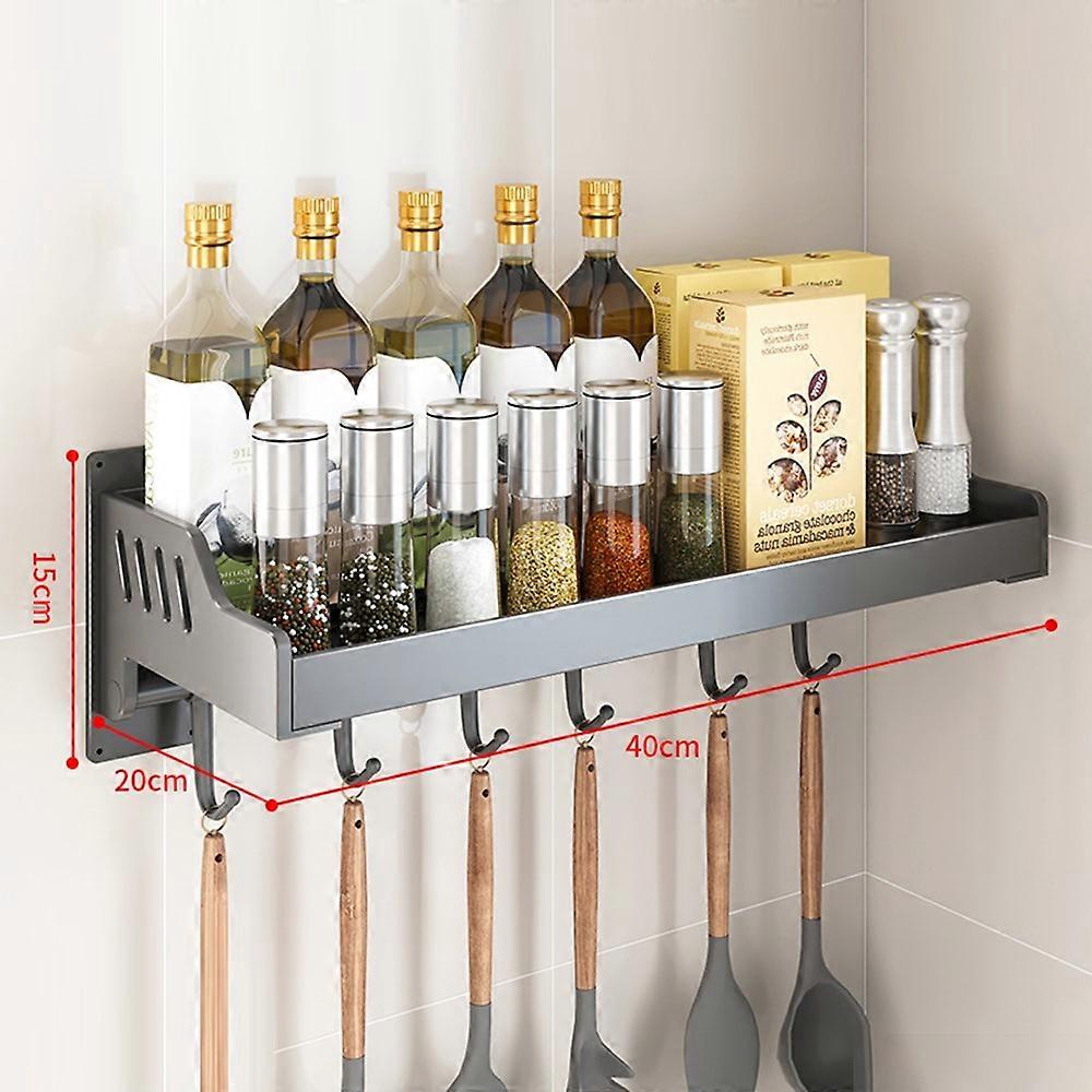 20x40cm Kitchen Storage Rack Wall Mounted Spice Organizer Holder with Hooks