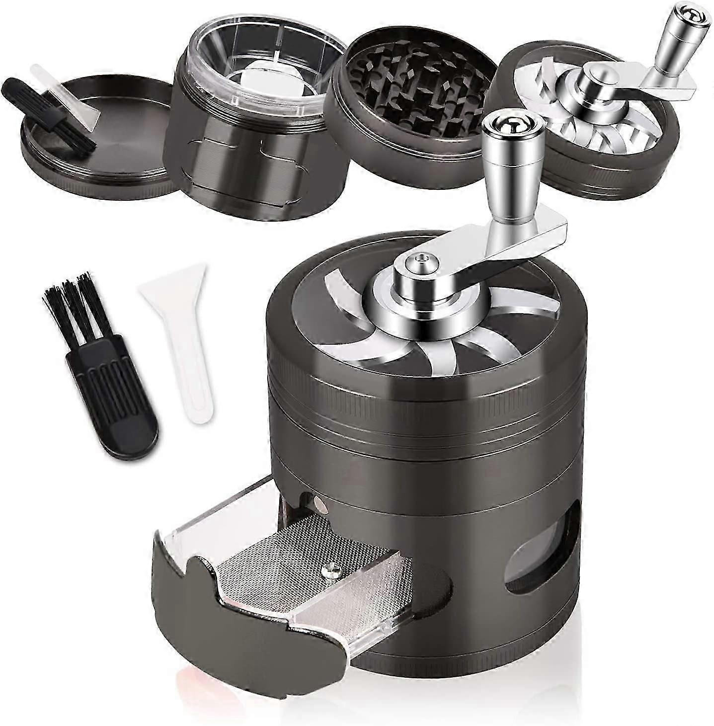 Hand Crank Herb Grinder, 2.5 Inch Large Capacity Spice Grinder with Handle and Magnetic Lid, 4 Pieces Zinc Alloy Grinder with Drawer and Pollen Collec
