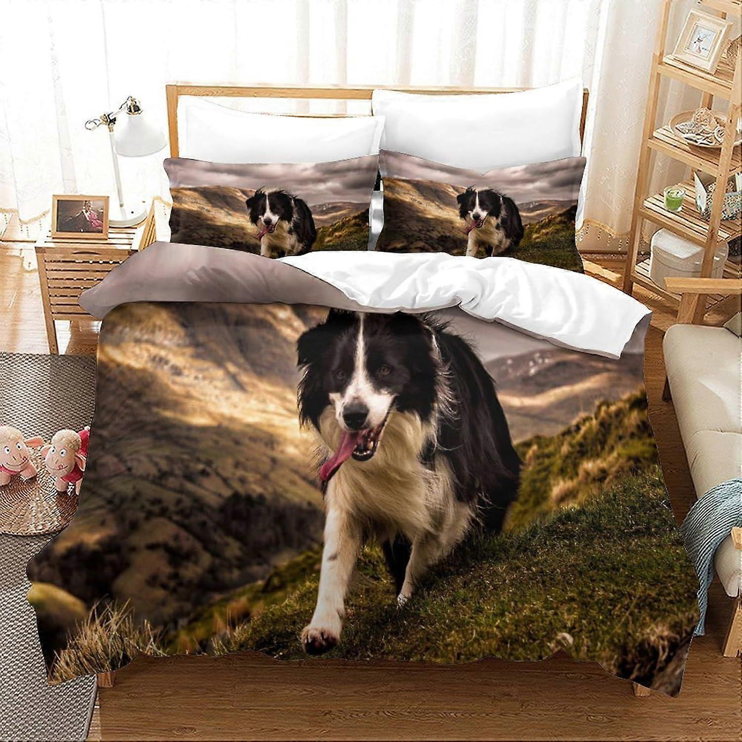 t48 Duvet Cover Set Double Size Bedding Border Collie Printed Duvet Covers Bedding Set for in Kids Teens Adults Soft Hypoallergenic Quilt Cover with P