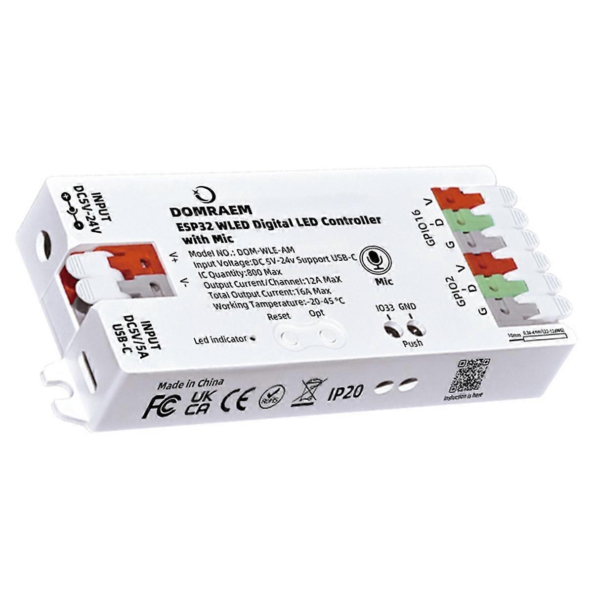 ESP32 WLED Digital LED Strip Controller with Microphone DC5-24V Power 16A 0.5W Standby DIY100+ WS2811/14/05 White