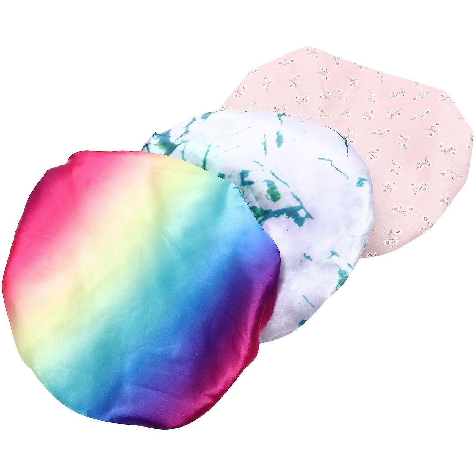 Womens Shower Caps Satin Round Shape Two-Layer Design Keeps Hair Dry During Face Cleaning 3Set