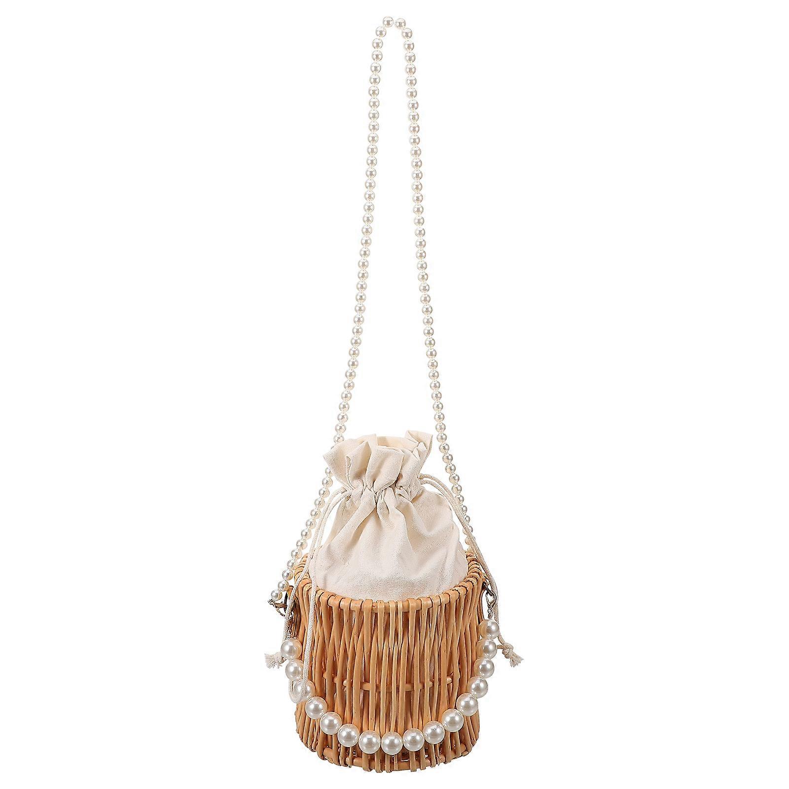 Wicker Handbag Woven Pearl Chain Fashionable Design Daily Use Cylindrical Bucket Shape Multi-Color 1Set