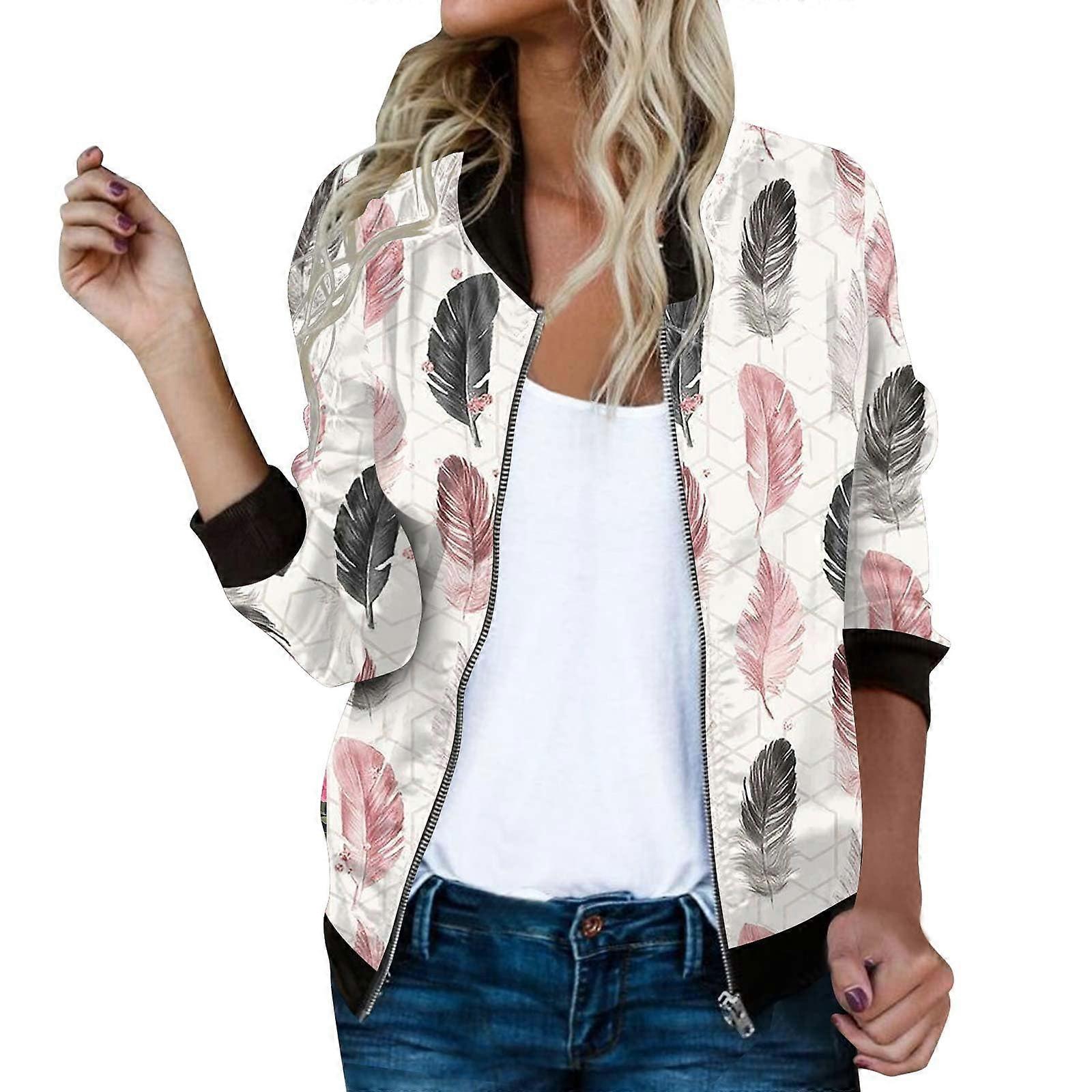 Bomber Jacket Womens Autumn Floral Pattern White Size L Lightweight Aviator Style Long Sleeve Pilot And College Outwear