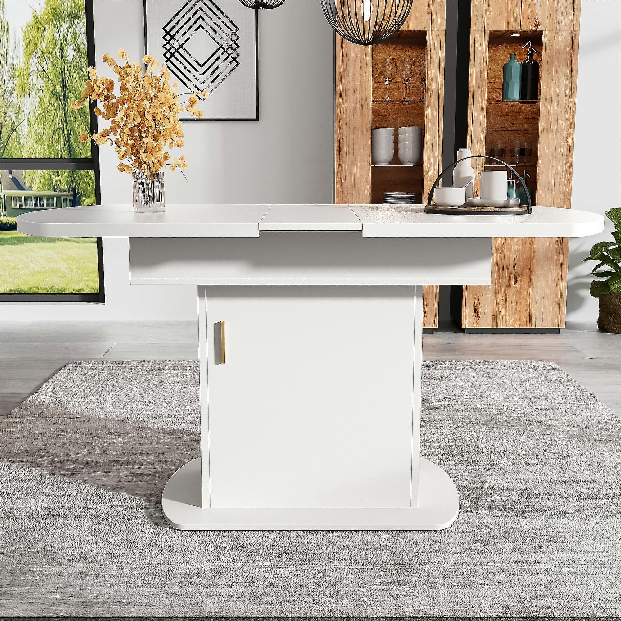 Extendable Oval Dining Table 110/130x70cm Storage White Gold Handle