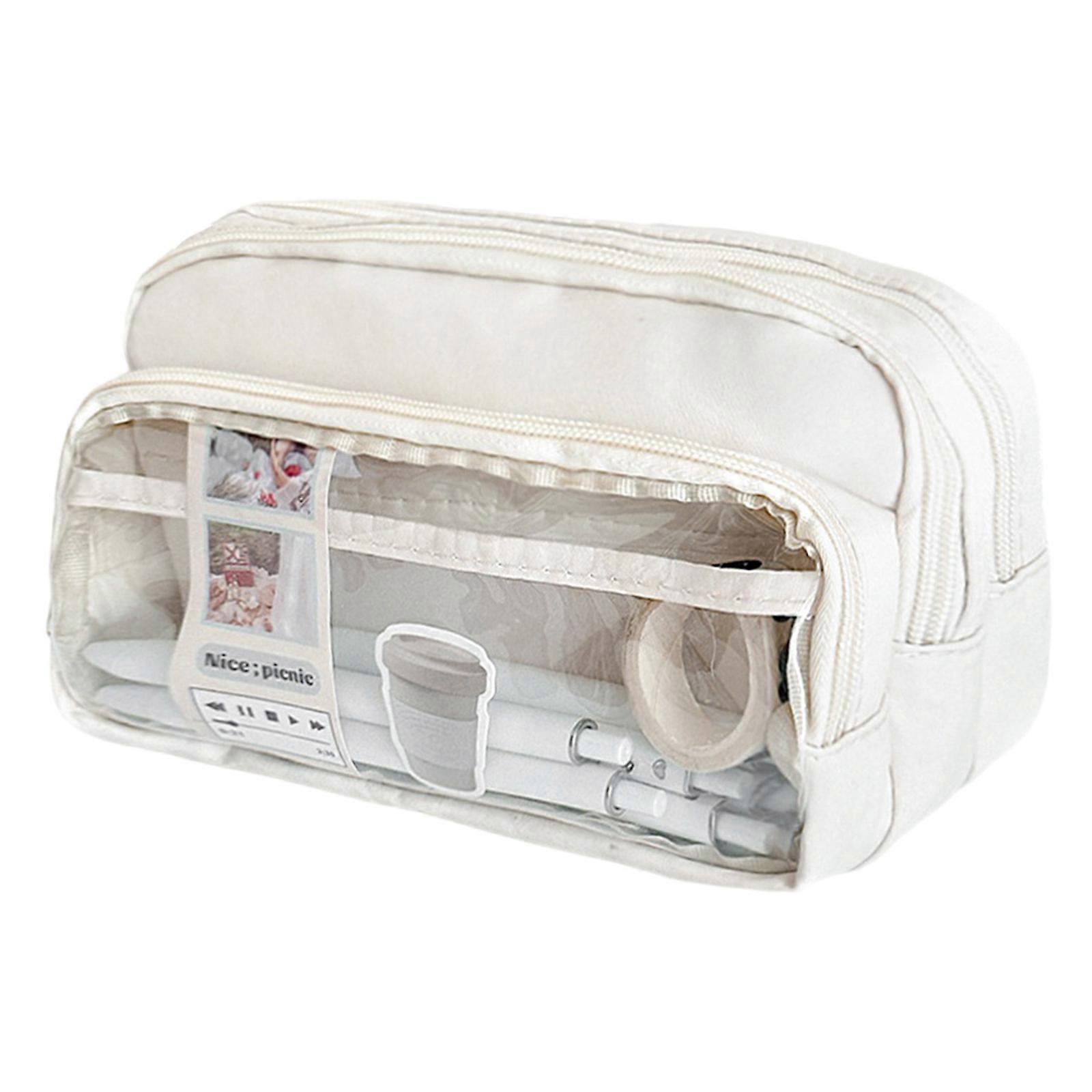 Large Transparent School Bag Case With Reinforced Canvas Material Multiple Pen Slots Compact Carry Students Adults  White
