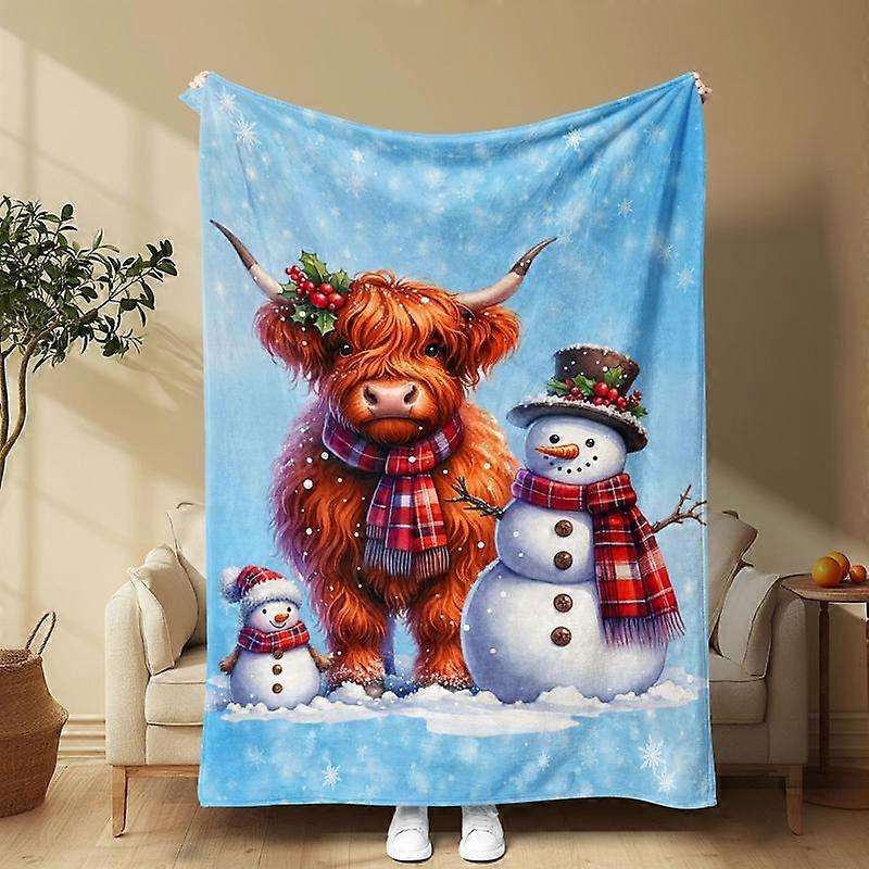 Highland Cow & Snowman Pattern Blanket, 1 Count Soft Comfortable Throw Blanket, Warm Napping Blanket for Home Office Travel Camping