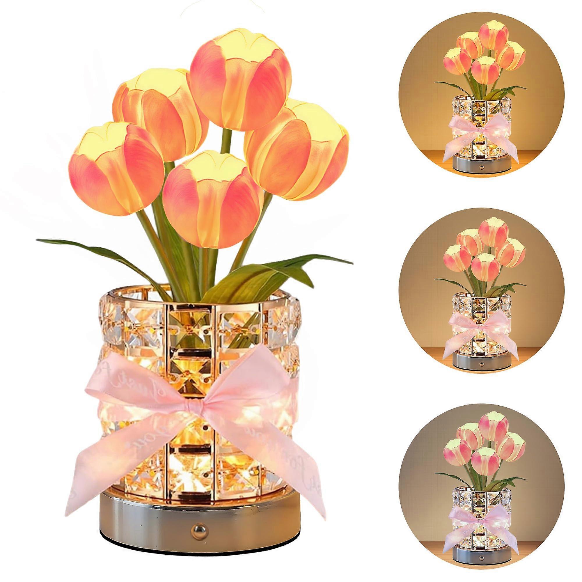 Rechargeable Tulip Table Lamp with Touch Control Dimming and Essential Oil Diffuser for Bedroom Decor Pink