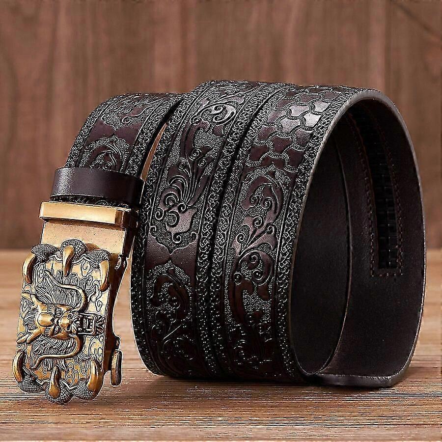 35cm Mode Prägling Retro Manliga Bälten För Män Företag Kohud Äkta Läder Bälte Drake Mönster Automatisk Spänne Rem