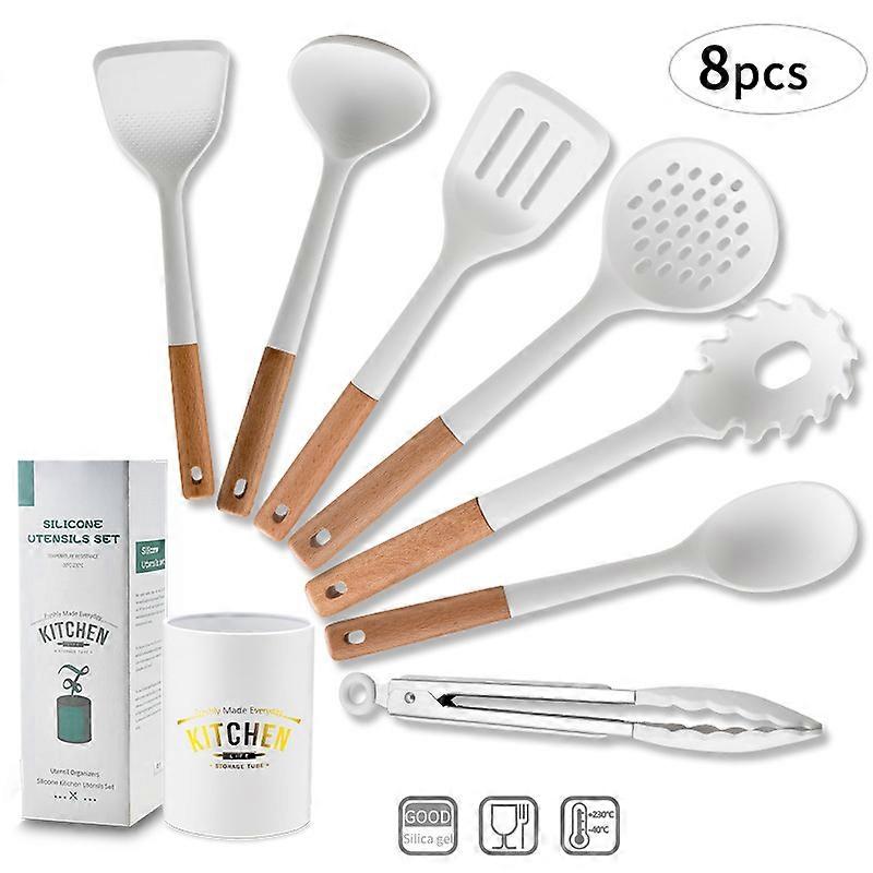 Non-stick cookware with wooden handle, silicone, 8-piece set, storage bucket, high-temperature resistant cooking spatula and spoon set.