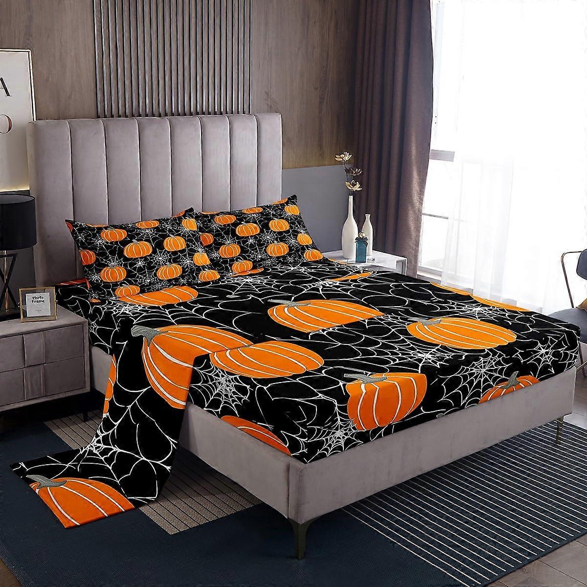 Halloween Twin Sheet Set with Pumpkins for Kids, Soft Microfiber Deep Pockets, White and Orange