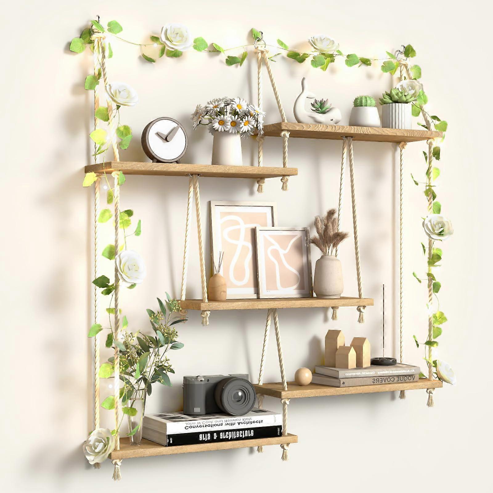 Boho Wall Shelves with Builtin Vine Lights, 5 Tier Macrame Hanging Storage for Plants and Decor