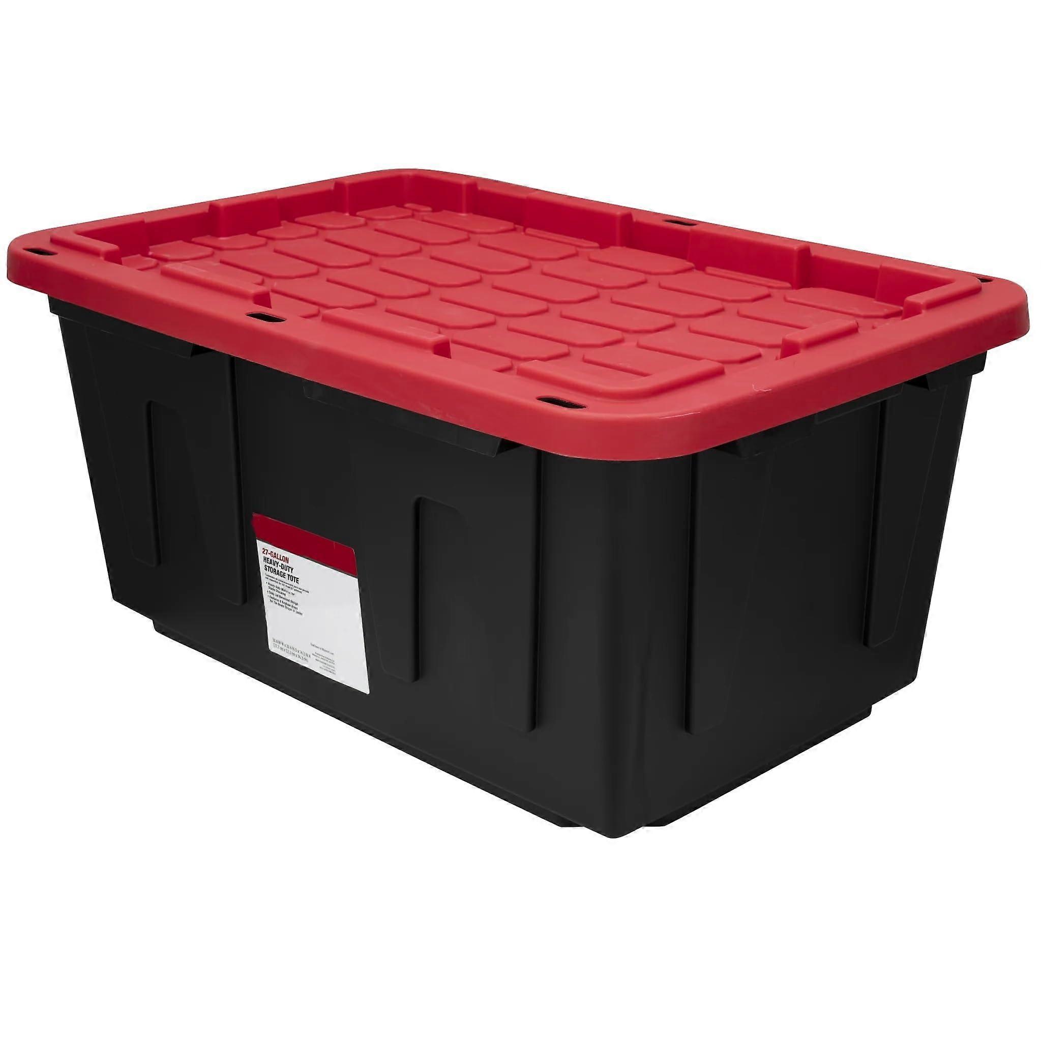 27 Gallon Heavy Duty Storage Bin with Lockable Lid, Stackable Black and Red Plastic Storage Tote for Garage and Workshop