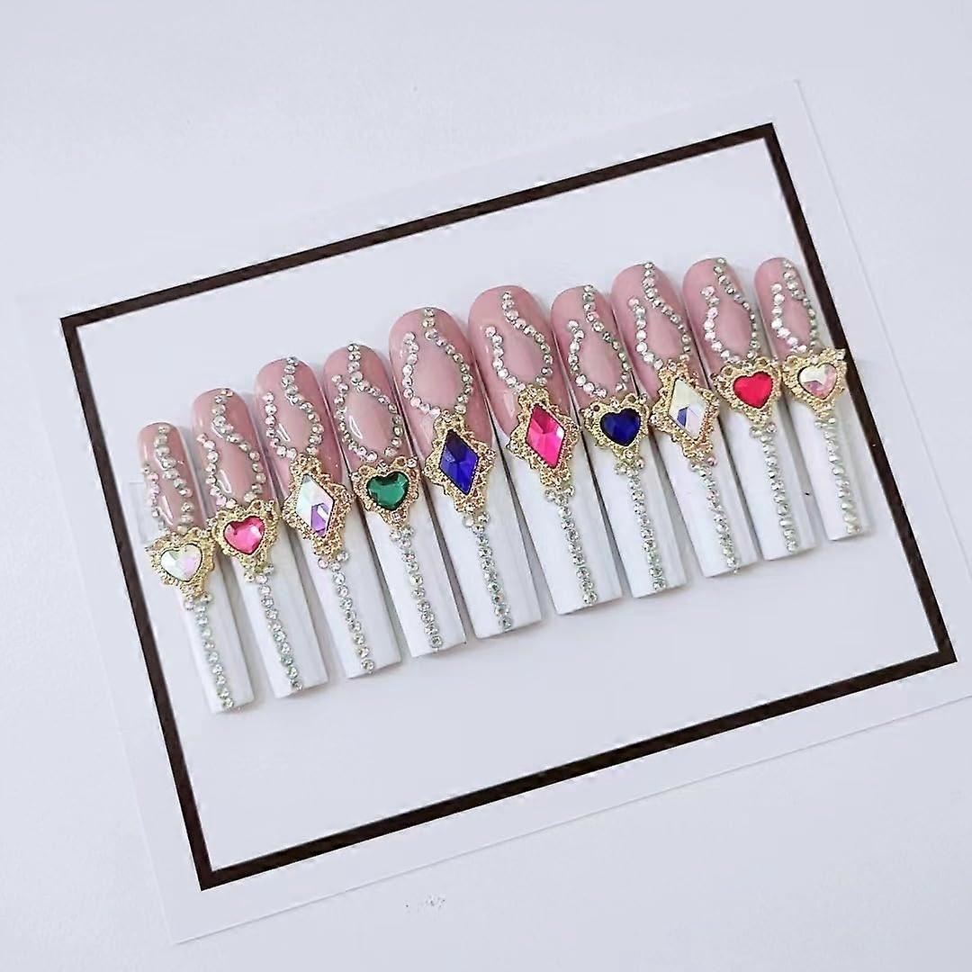 Handmade Red Press On Nails with 3D Diamond, Long Square Reusable Size S, Includes Glue and Tools