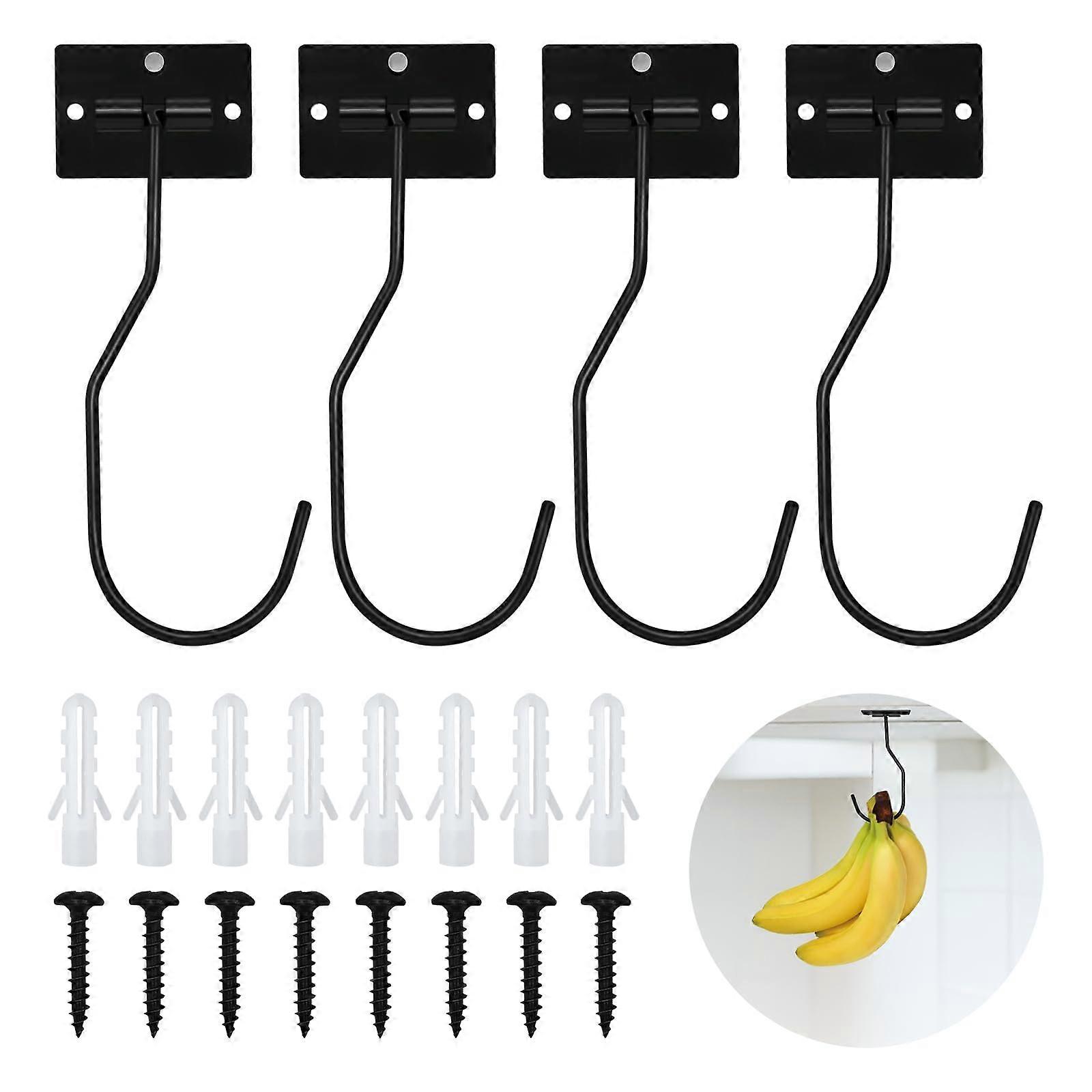 Banana Hanger with Folding Hook, Space Saving Adhesive Under Cabinet Holder, 4 Pack Black
