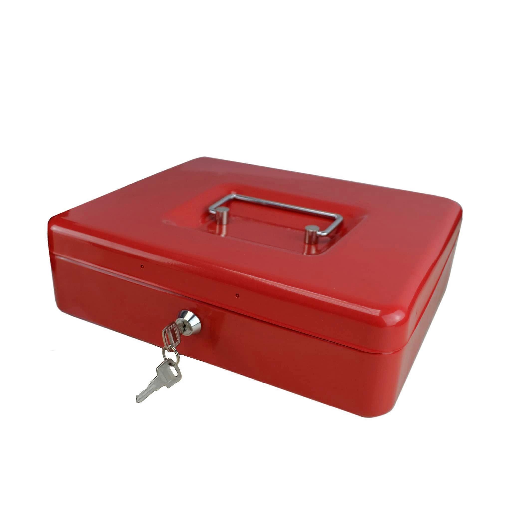 Cash Security Box with Key Lock, Fireproof Waterproof Safe, Red Lockbox with Coin Tray