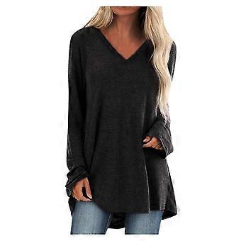 Plus size V-hals tuniek met lange mouwen voor dames, losvallende herfstsweatshirts met lage zoom, maat 4XL, zwart.