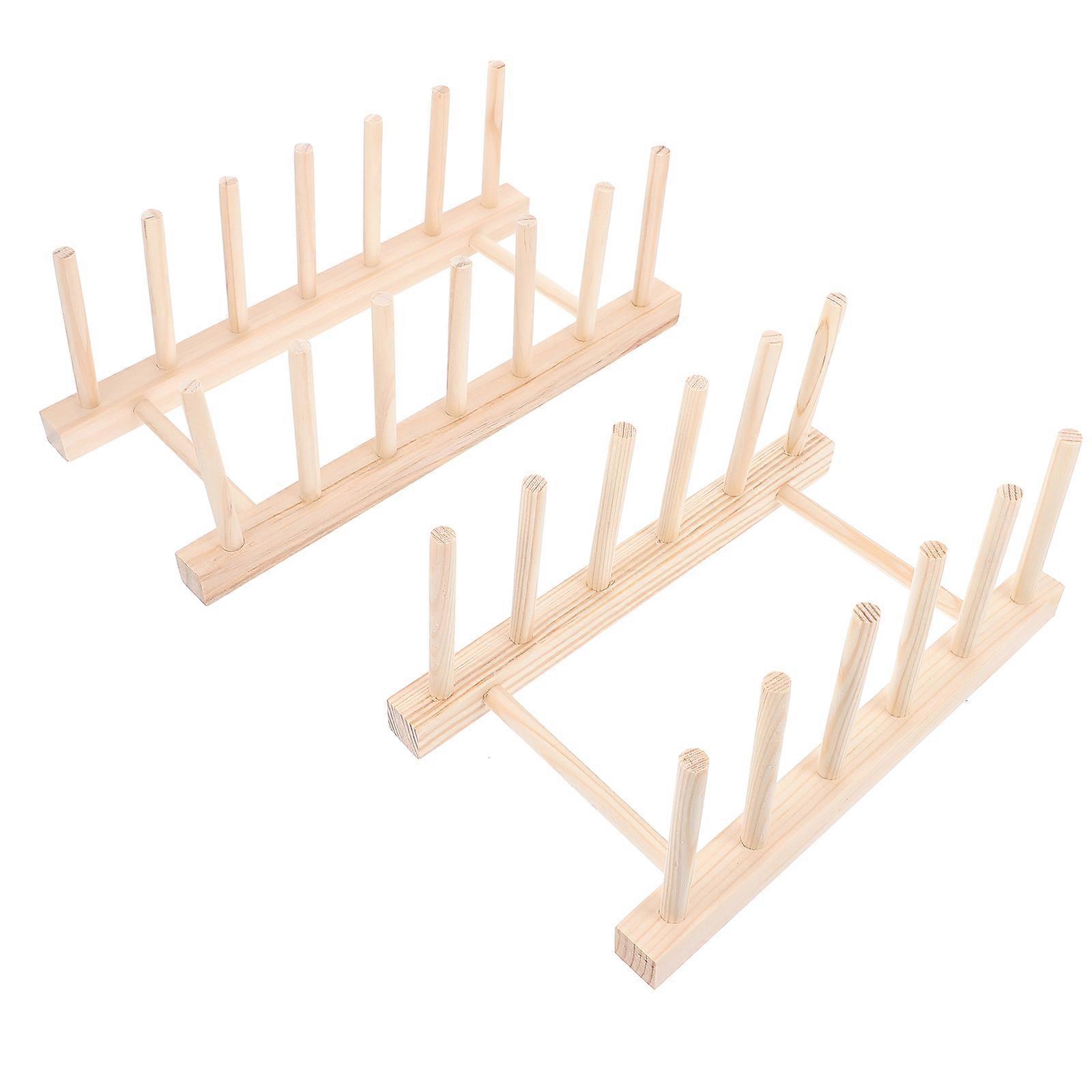 Beige Wood Bowl Dish Draining Rack for Kitchen 2Pcs Multi-Functional Storage