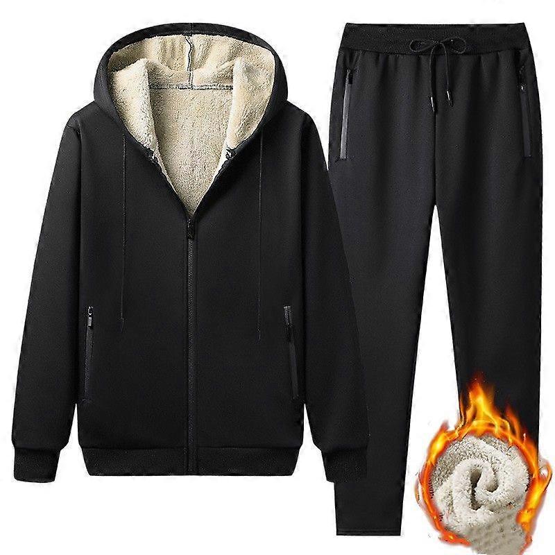 Men's Winter Solid Color Thick Casual Set Warm Jacket+Pants Plus Size Two Piece Set