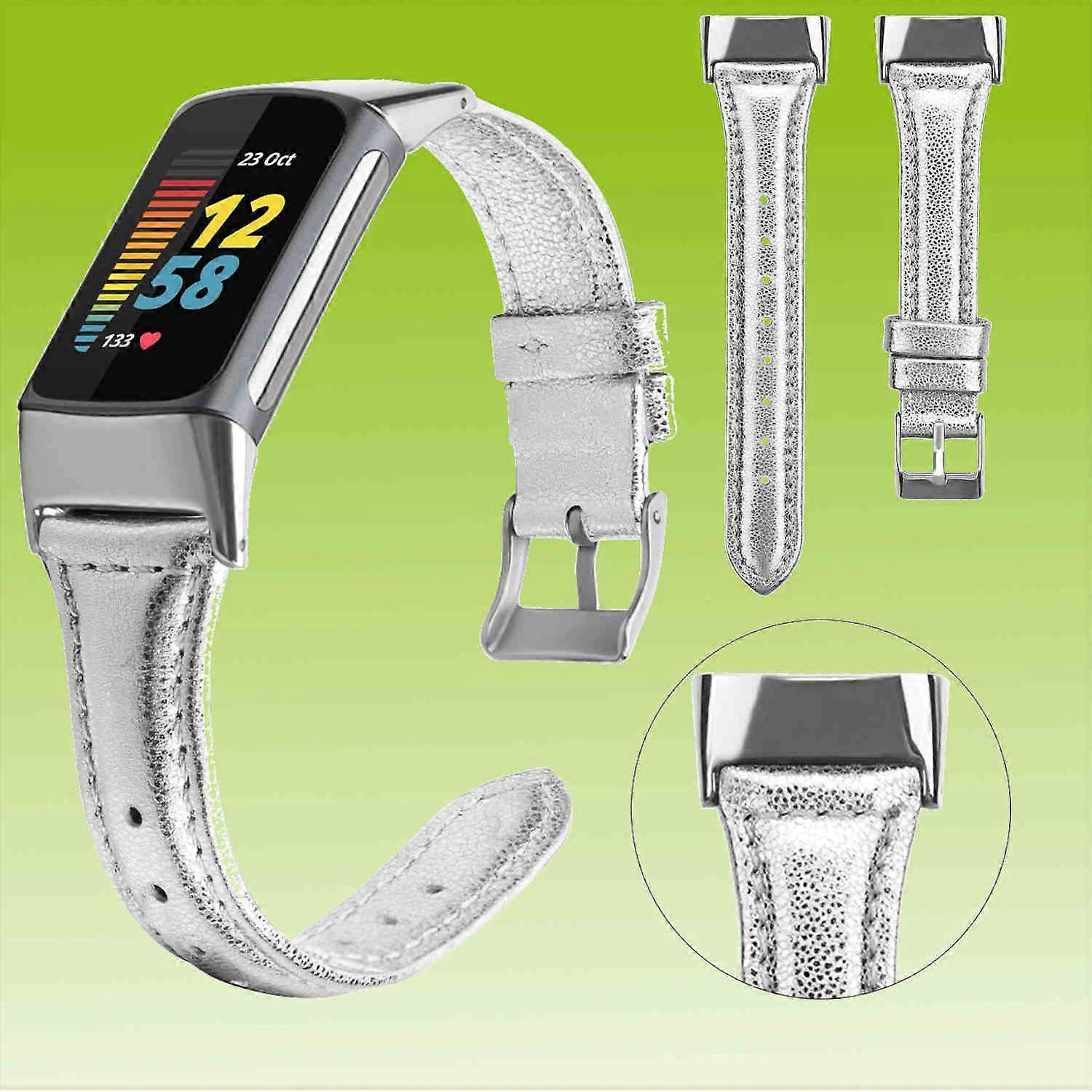 För Fitbit Charge 6/5 Läderklocka Smart Sportarmband Silver Storlek: L Tillbehör