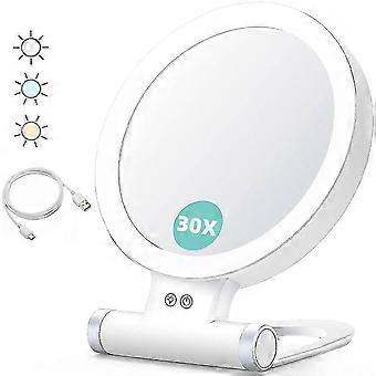 Doppelseitiger Vergrößerungsspiegel (1x/30x) mit Licht, 3 Beleuchtungsmodi, 1000 mAh Akku, einstellbare Helligkeit, kompakter und faltbarer Reise-Schminkspiegel