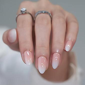 Almond Pink White Ombre Press On Nails Set 24Pcs Medium French Gradient Fake Nails with Natural Ombre Finish and Reusable Acrylic Full Cover Design