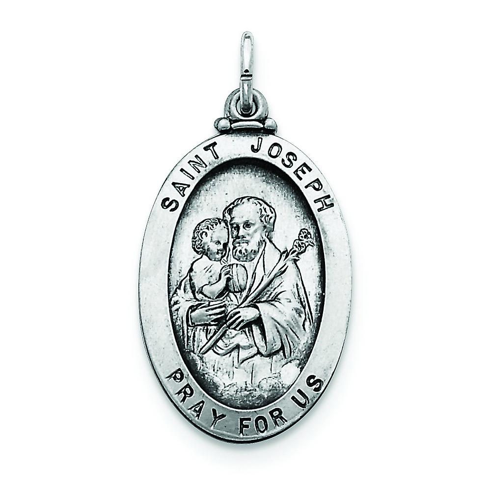 925 Sterling Silver Solid Satin Artisan Oxidized St. Joseph Medal Charm 35x20mm Wide Pendant Necklace for Women