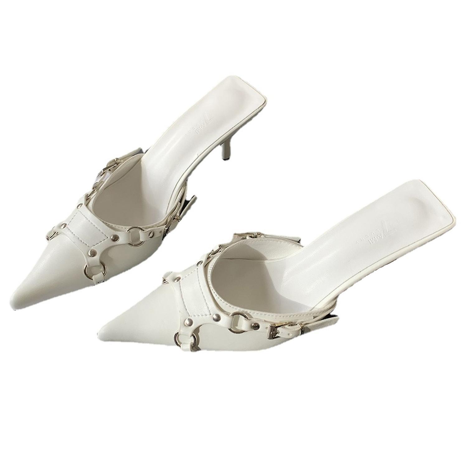 Women Pointed Toe Buckle Strap Kitten Heels Mules Backless Slip On Stiletto Heels Slides Summer Dres