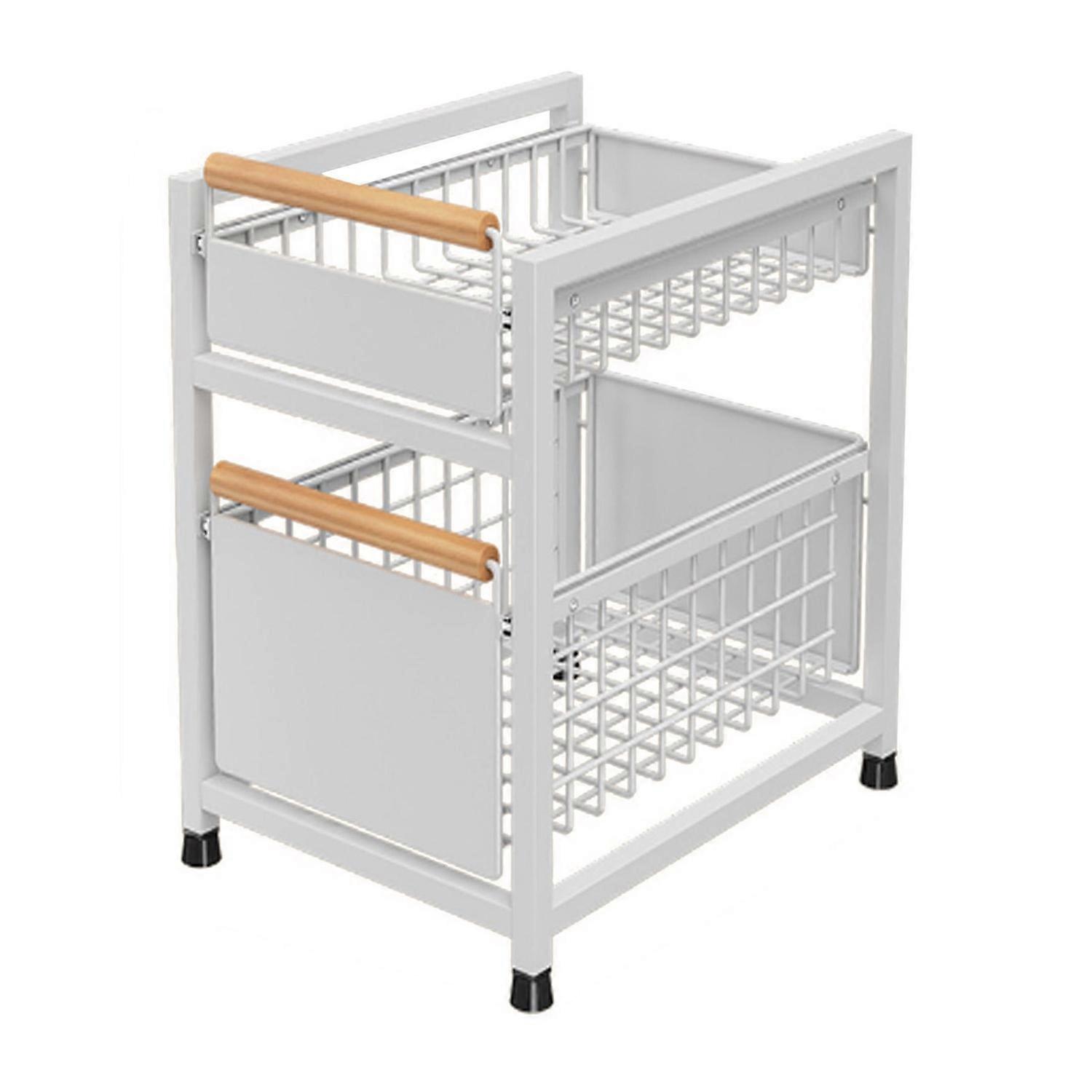 Double Layers Pull-Out Cabinet Organizer Storage Shelf with Handle Large Capacity Kitchen Bathroom