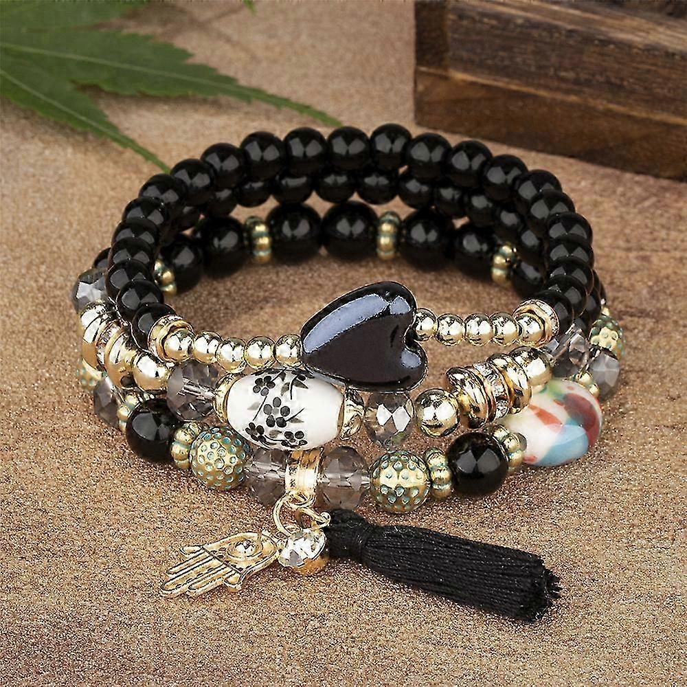 Vintage Bohemian Multi-layer Bracelet Heart Pendant Tassel Beaded Crystal Elastic Bracelet