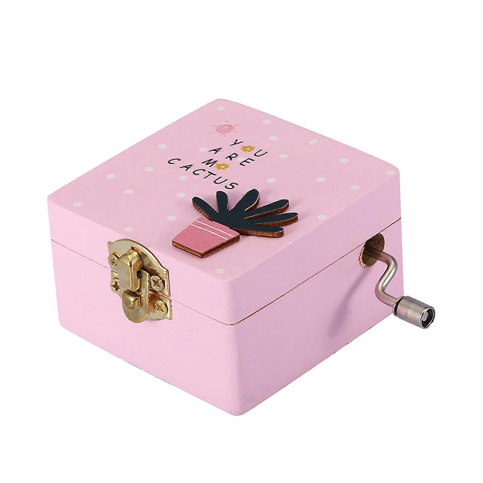 ミニ木製オルゴールハンドクランク機械式オルゴール誕生日プレゼント(ピンク)