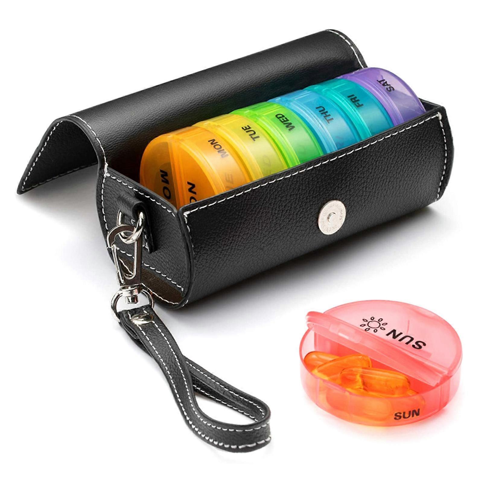 Portable 7 Days Pill Boxes Leather Case Set 7 Pill Boxes Color Coded Date Printed Pill Organizer Plastic Capsules Storage Box