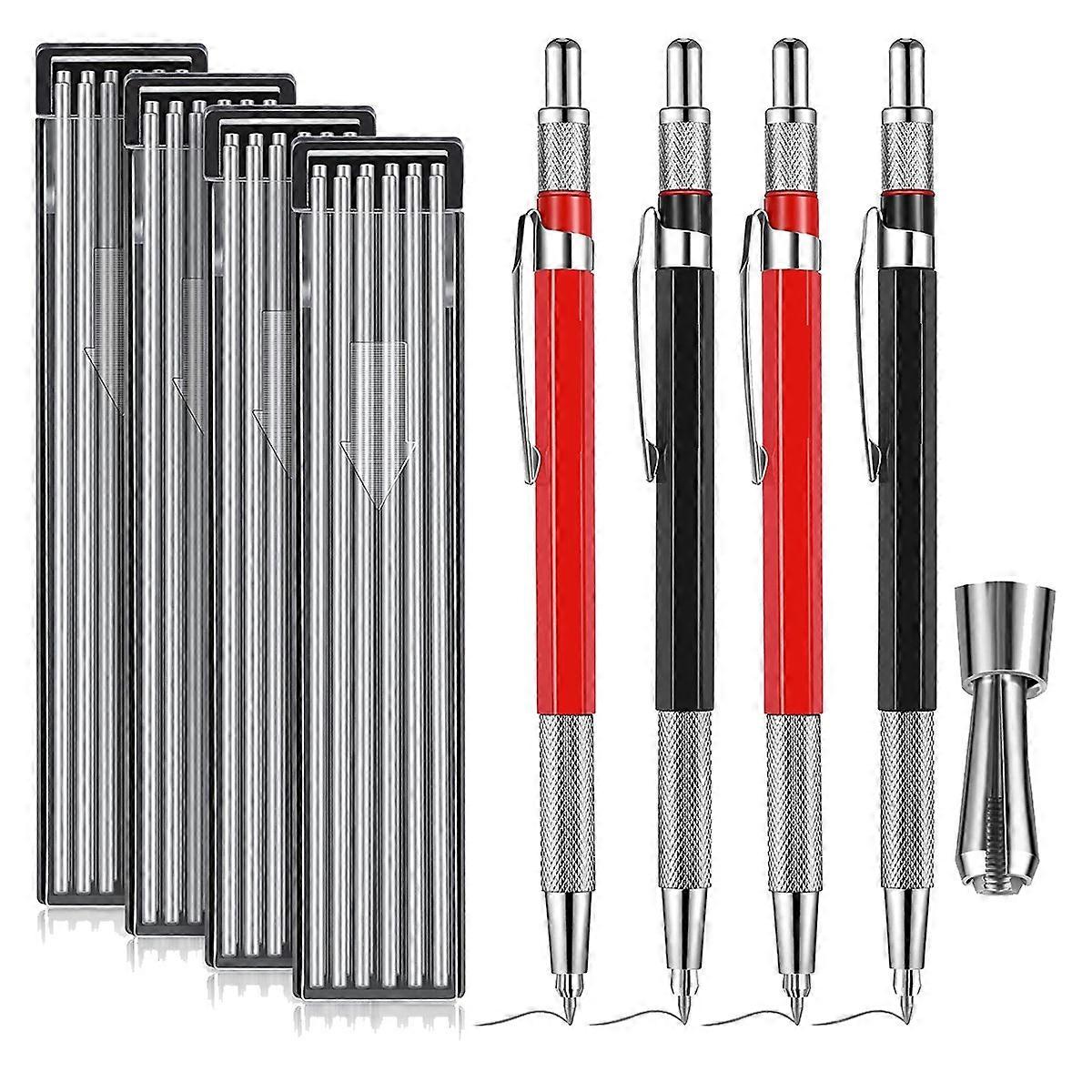 4PCS Welder's Pencil with 48PCS Silver Round Refill, Woodworking Pencil Set with Built-in Sharpener