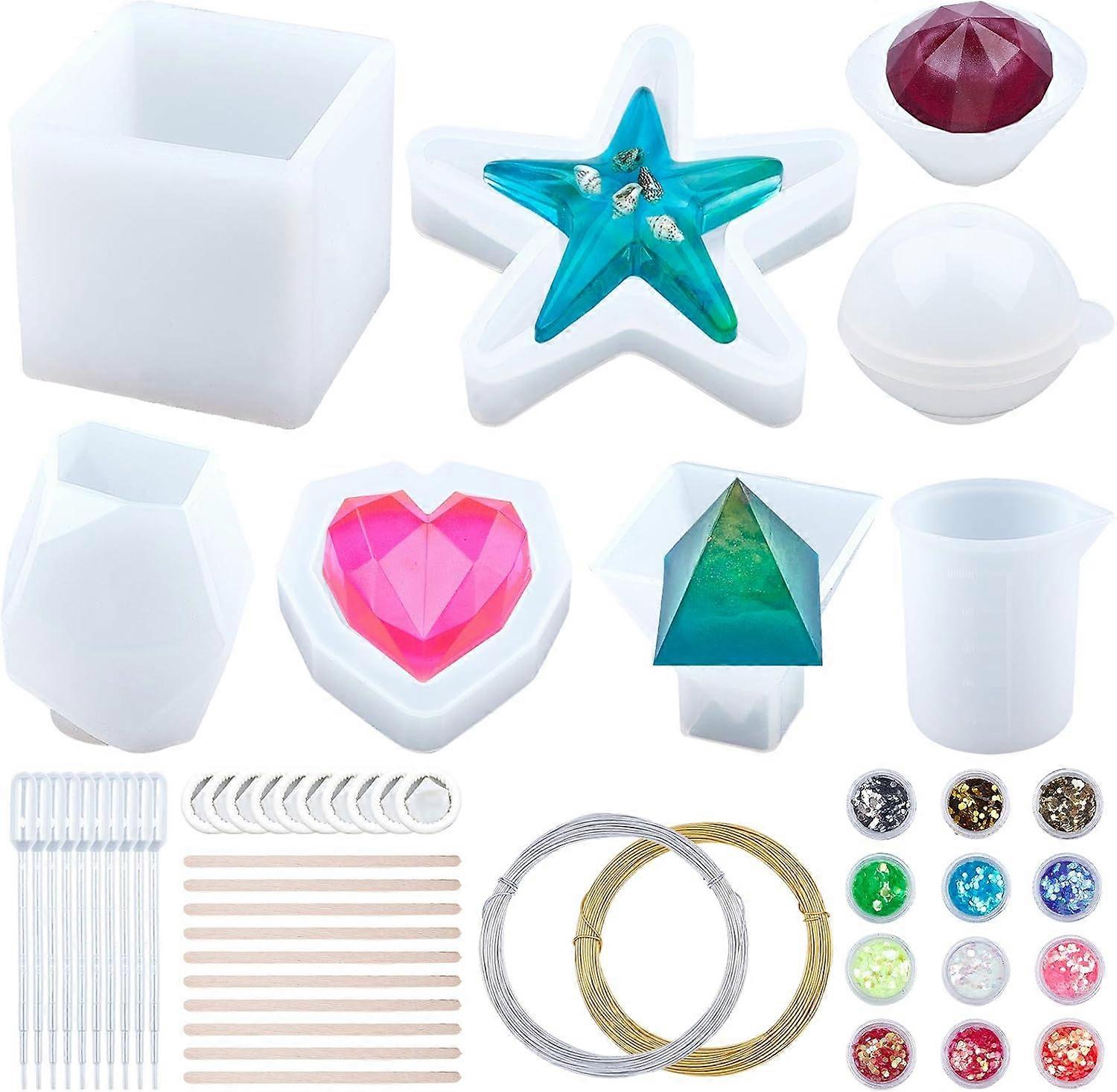52PCS Epoxy Silicone Resin Molds Set Clear Resin Casting Molds Including Pyramid Diamond Sphere Starfish Epoxy Resin Casting Mold for DIY Craft Home D