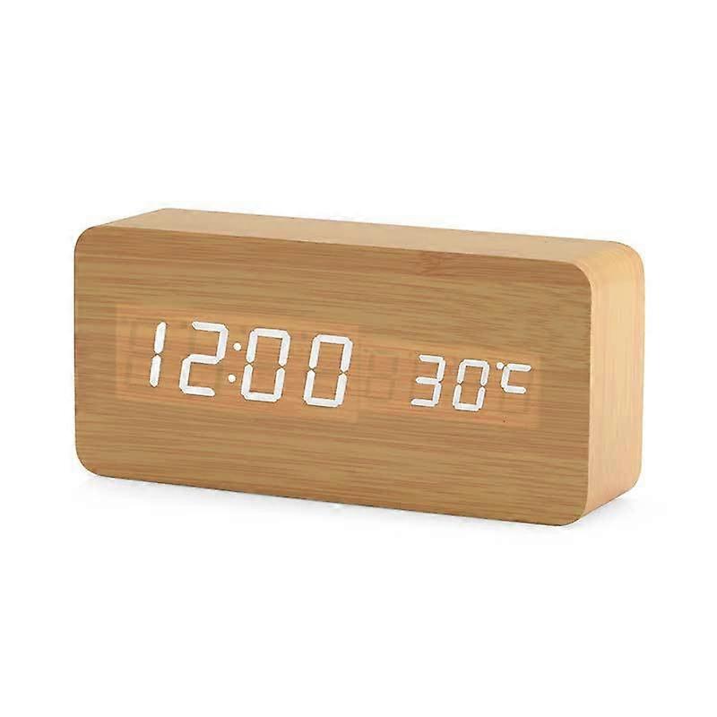 Wooden Digital Clock - Multifunctional Led Alarm Clock With Time / Date / Temperature Display And Voice Control