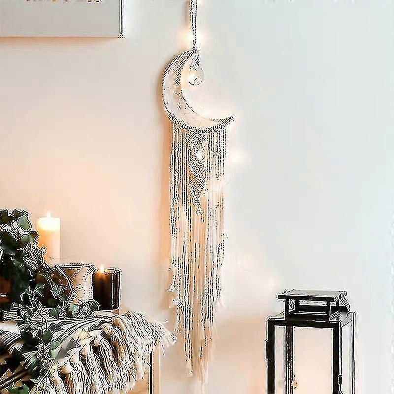 Woven Wall Hanging Moon Dream Catcher With Natural Crystal Stone- Boho Chic Bohemian Home Decor Wall Art Decor With String Lights - Beautiful Apa